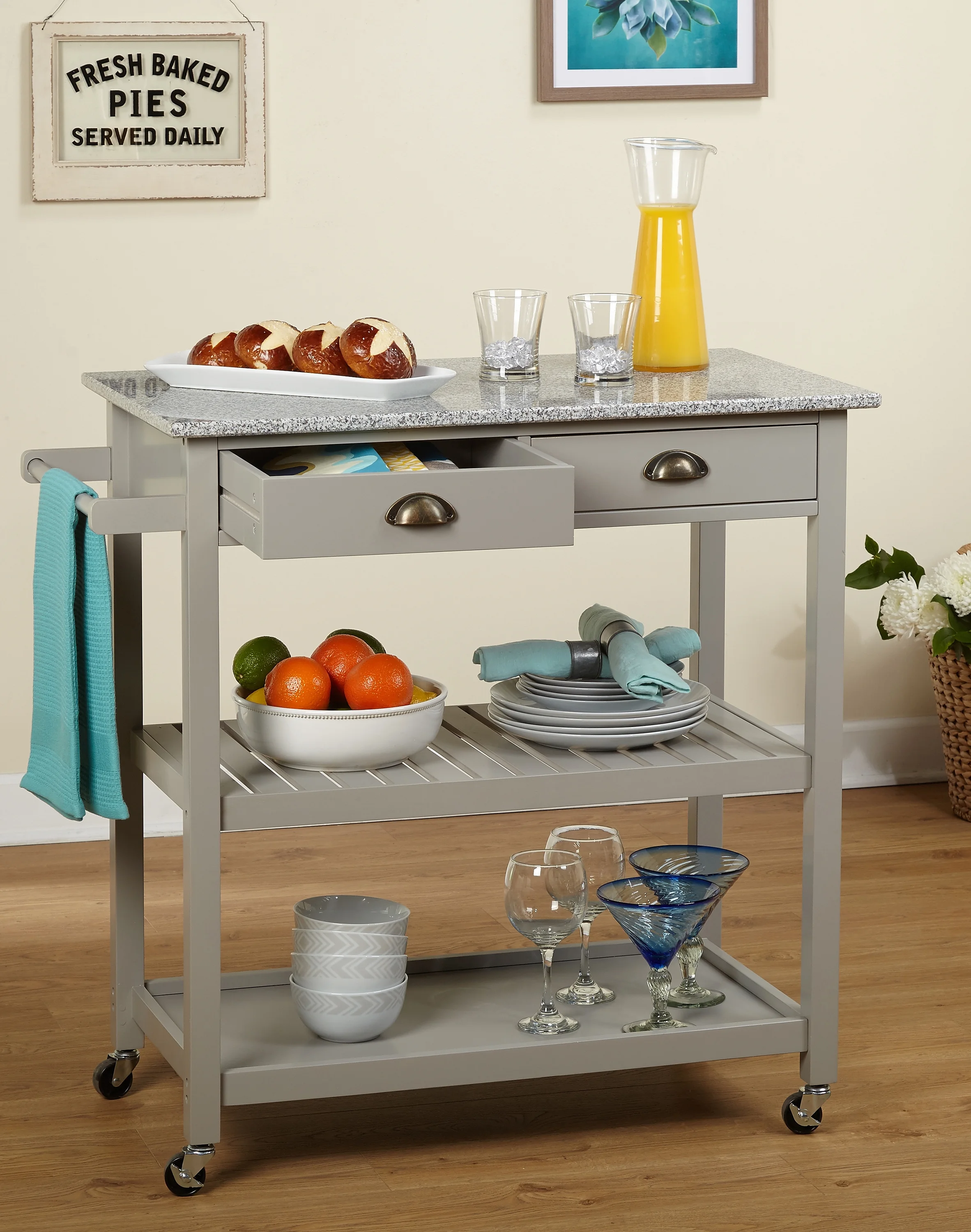 TMS Oregon 3-Tier Granite Top Rolling Kitchen Island with Drawers and Towel Rack, Gray