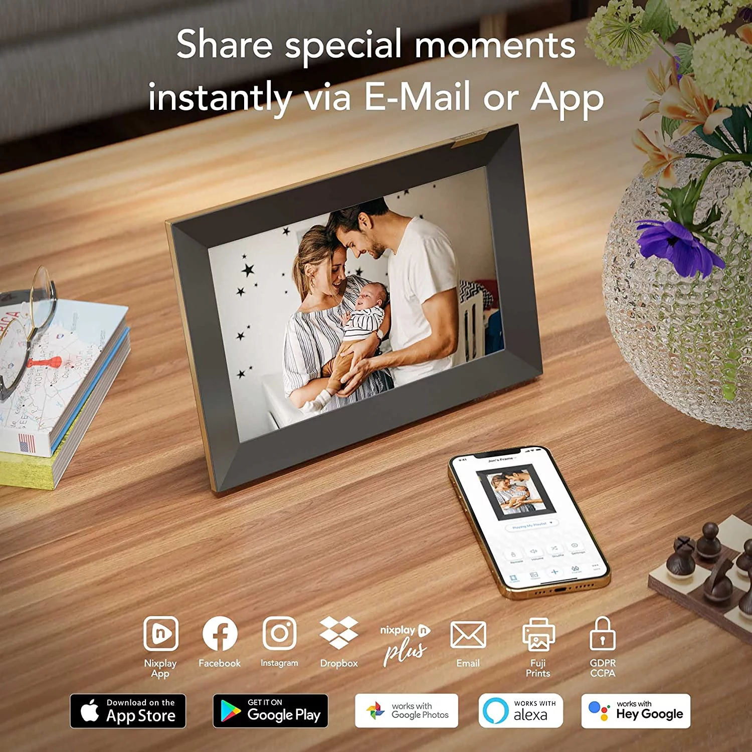 Nixplay 10.1 inch Touch Screen Digital Picture Frame with WiFi (W10K), Black-Gold, Share Photos and Videos Instantly via Email or App