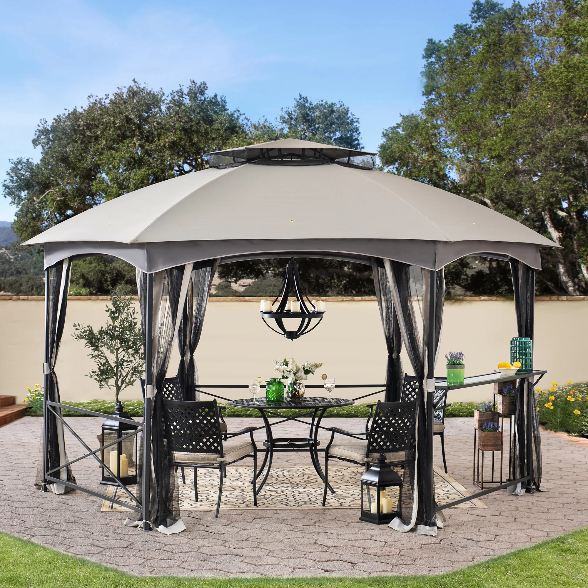 Sunjoy Beaux 11 ft. x 14 ft. 2-tone Gray Hexagon Steel Gazebo with 2-tier Dome Roof with Mosquito Netting