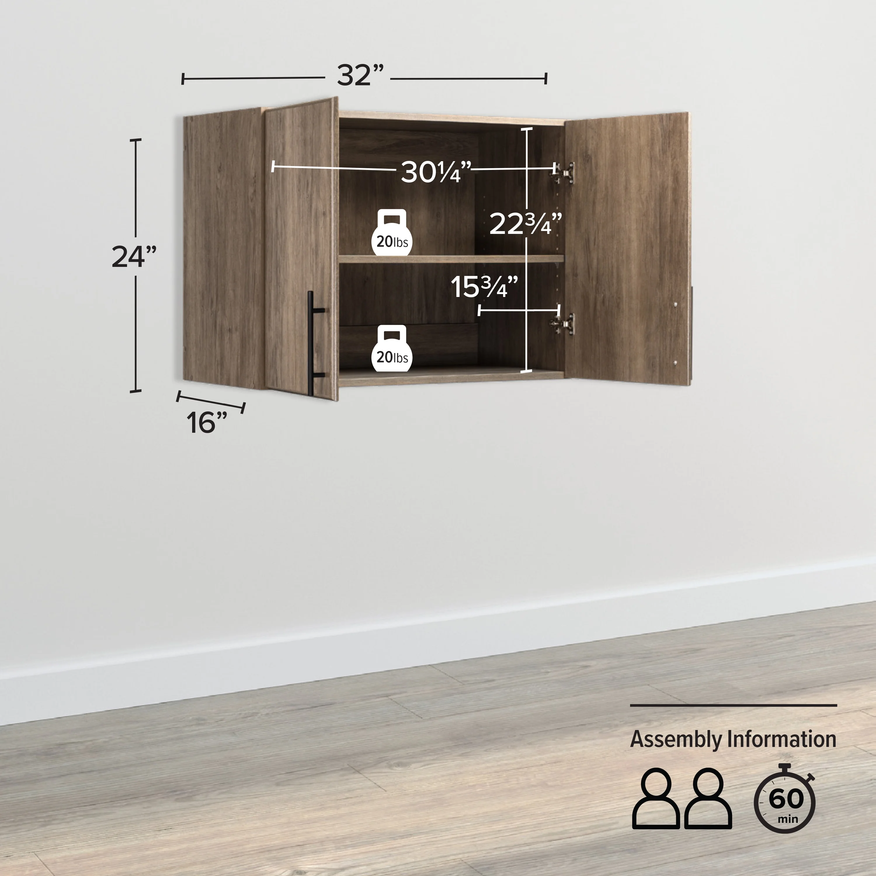 Prepac Elite 2-Door Stackable Wall Mounted Storage Cabinet, 16