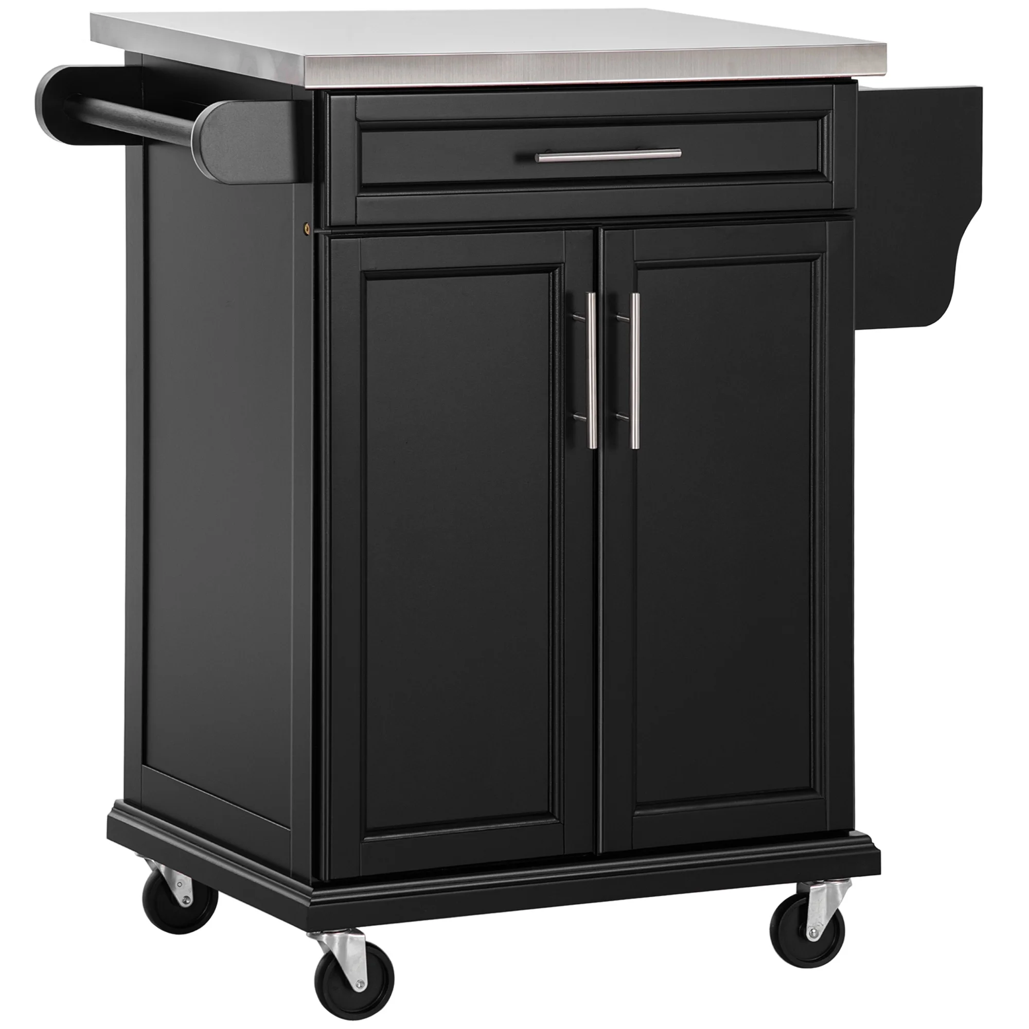 HomCom Wood Stainless Steel Multi- Storage Rolling Kitchen Island Utility Cart With Wheels - Black
