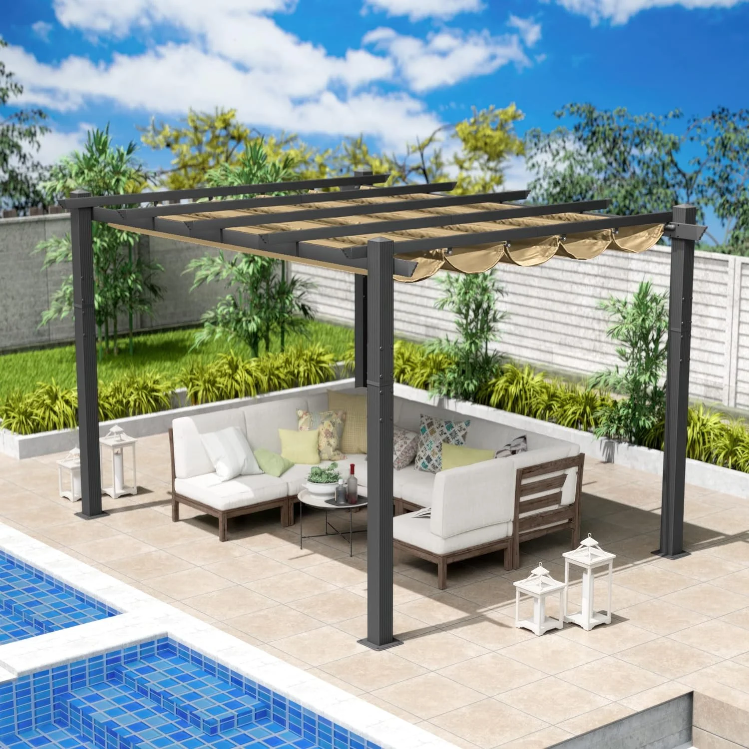 Kozyard Morgan Outdoor Extra-Large Gray Aluminum Frame Pergola with Sunshade Canopy (10'x13', Beige)