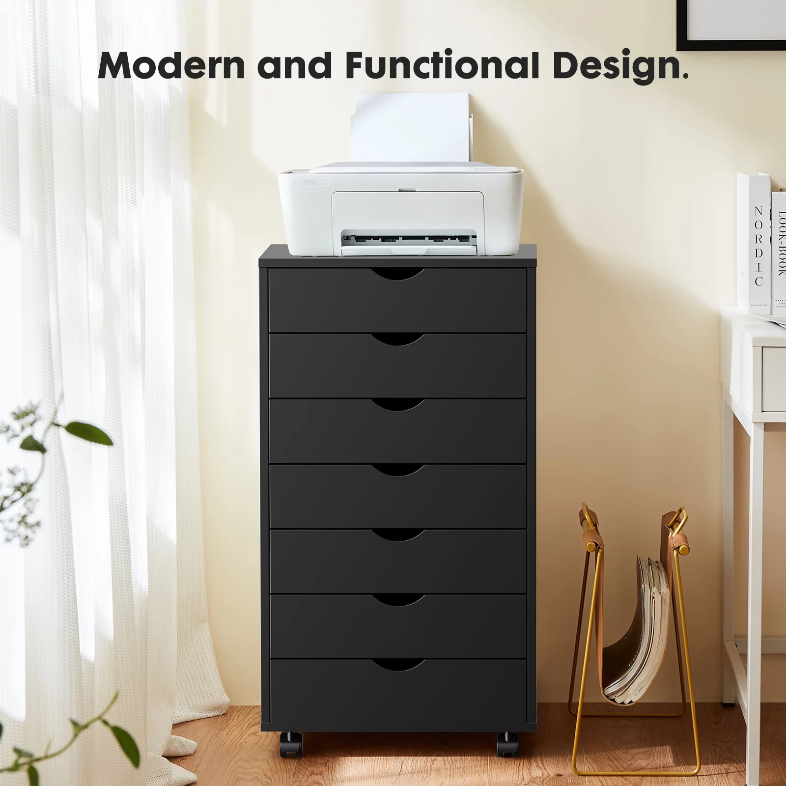 ZUNMOS 7 Drawer Chest, Storage Cabinets Dressers Wood Dresser Cabinet with Wheels Mobile Organizer Drawers for Office, Bedroom, Home, Black