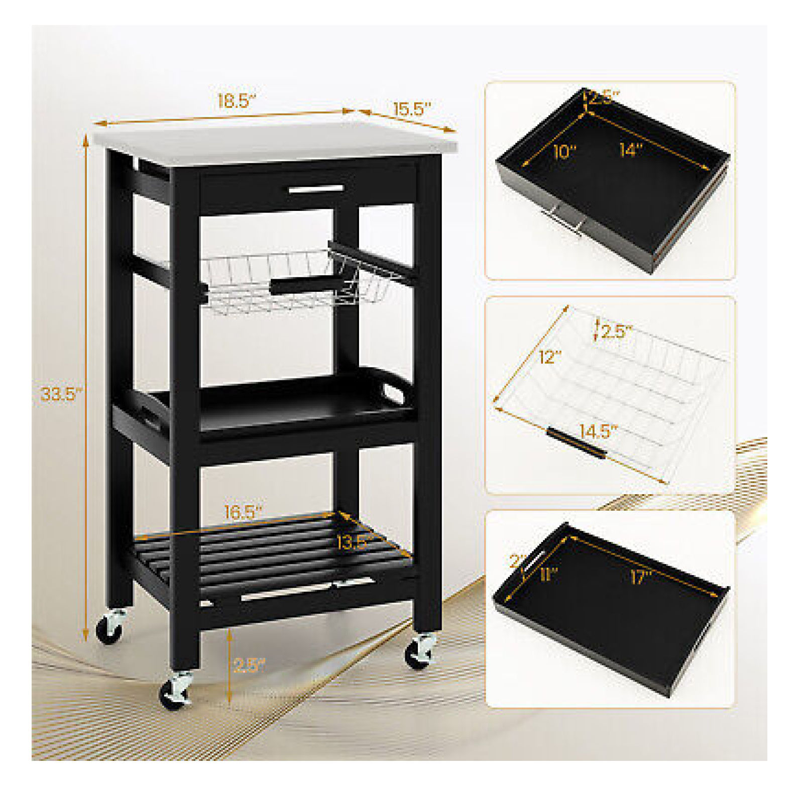 YUNTIE Rolling Service Trolley Kitchen Compact Island Cart w/Stainless Steel Top Basket
