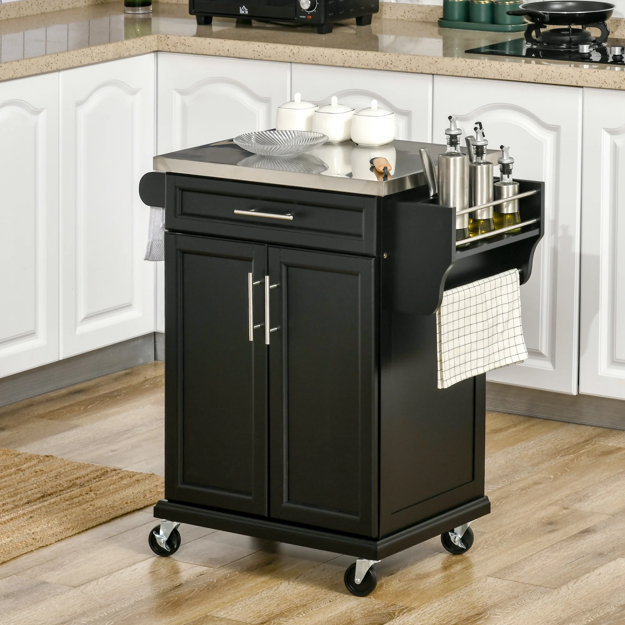 HomCom Wood Stainless Steel Multi- Storage Rolling Kitchen Island Utility Cart With Wheels - Black