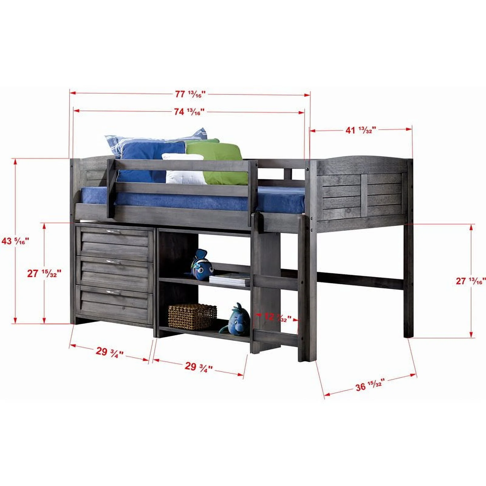 Donco Kids Louver Twin Antique Grey Modular Low Loft Bed - Group C, Twin, Antique Grey