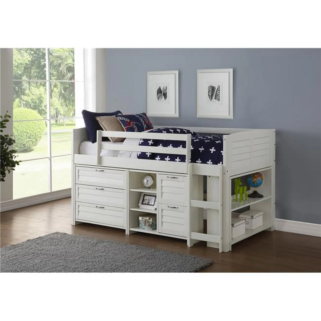 Donco Kids PD-795AW-Modular-C1 Twin Louver Low Loft in White with 3 Drawer Chest, 2 Drawer Chest with Shelves & Bookcase