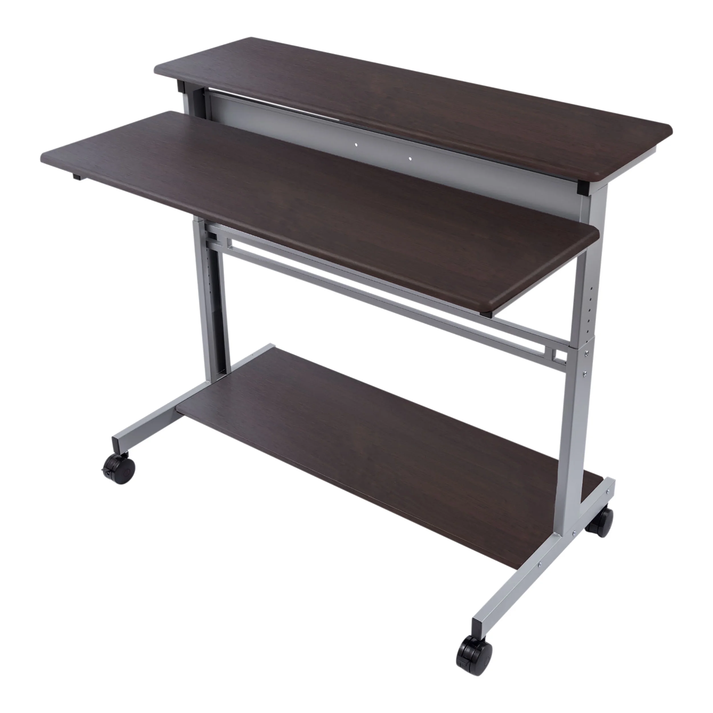 Stand Up Desk Store Rolling Adjustable Height Two Tier Standing Desk Computer Workstation (Silver Frame/Dark Walnut Top, 48