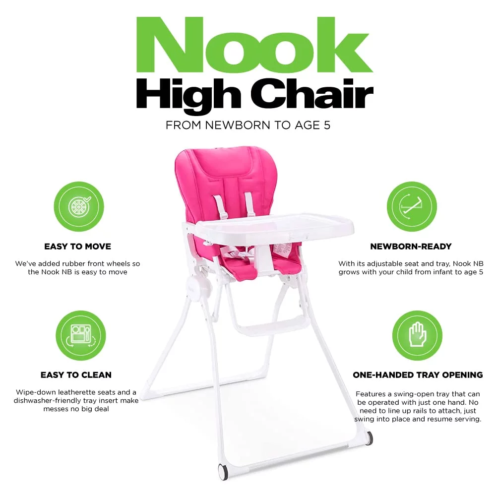 joovy Nook NB High Chair, Compact Fold, Adjustable Tray, Reclinable Seat for Newborn, Pink Crush