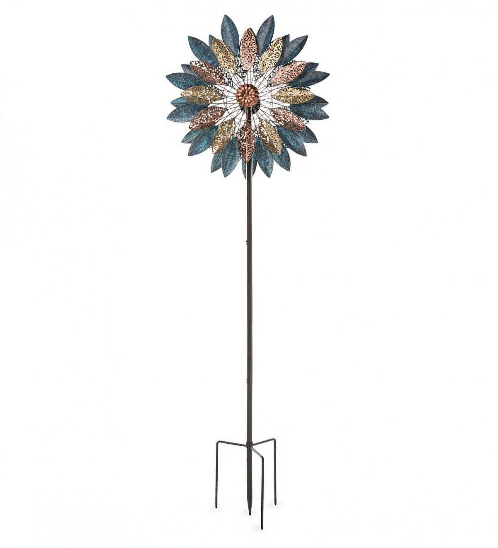 Wind & Weather Metal Wind Spinner with Patina-Like Blue, Golden and Bronze-Colored Leaves with Intricate Filigree Cutouts