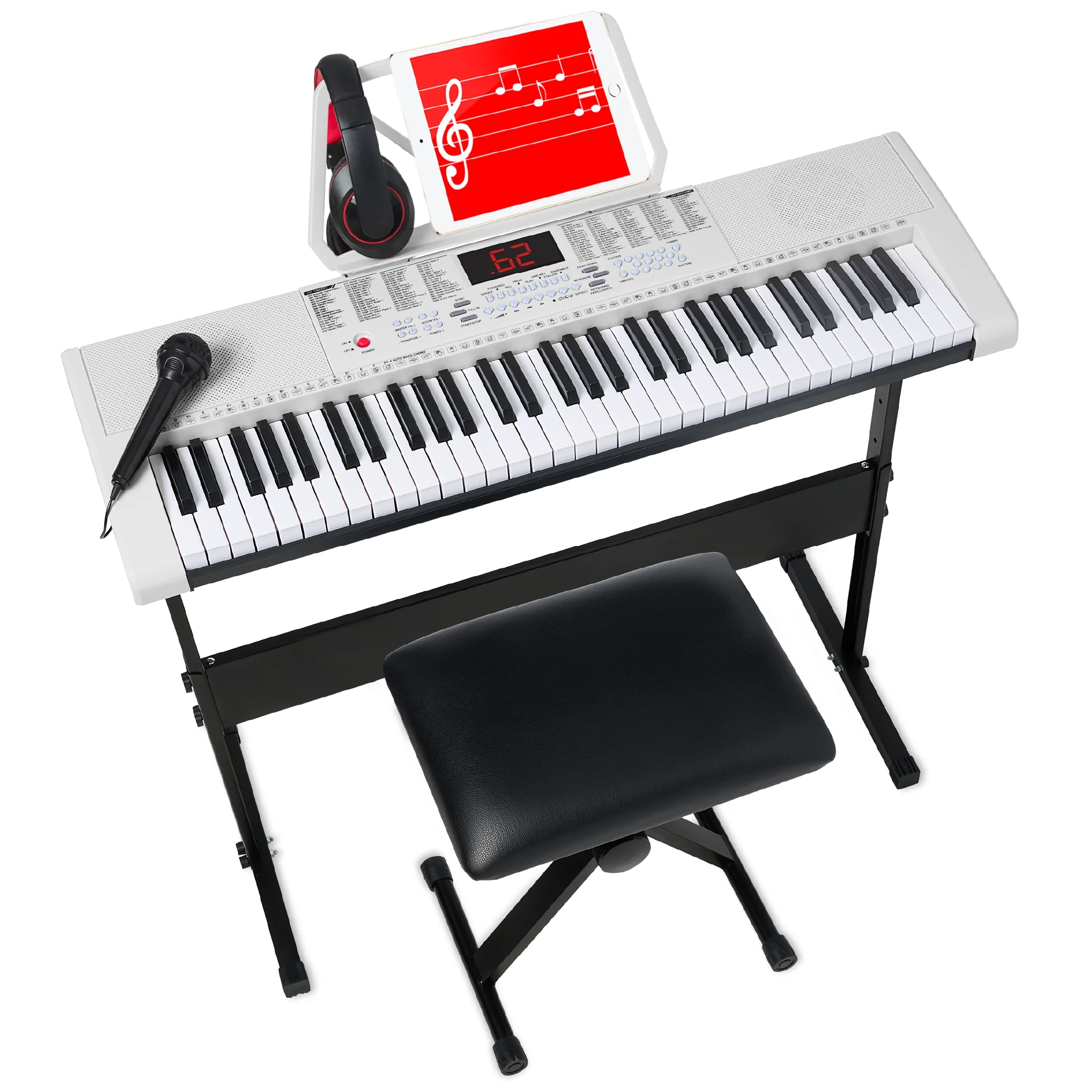 Best Choice Products 61-Key Beginners Electronic Keyboard Piano Set w/ LED, 3 Teaching Modes, H-Stand, Stool - White
