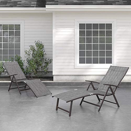 Crestlive Products Outdoor Aluminum Folding Recliner Adjustable Chaise Lounge (Set of 2) - See Picture Black&Grey Fabric, Brown Farme