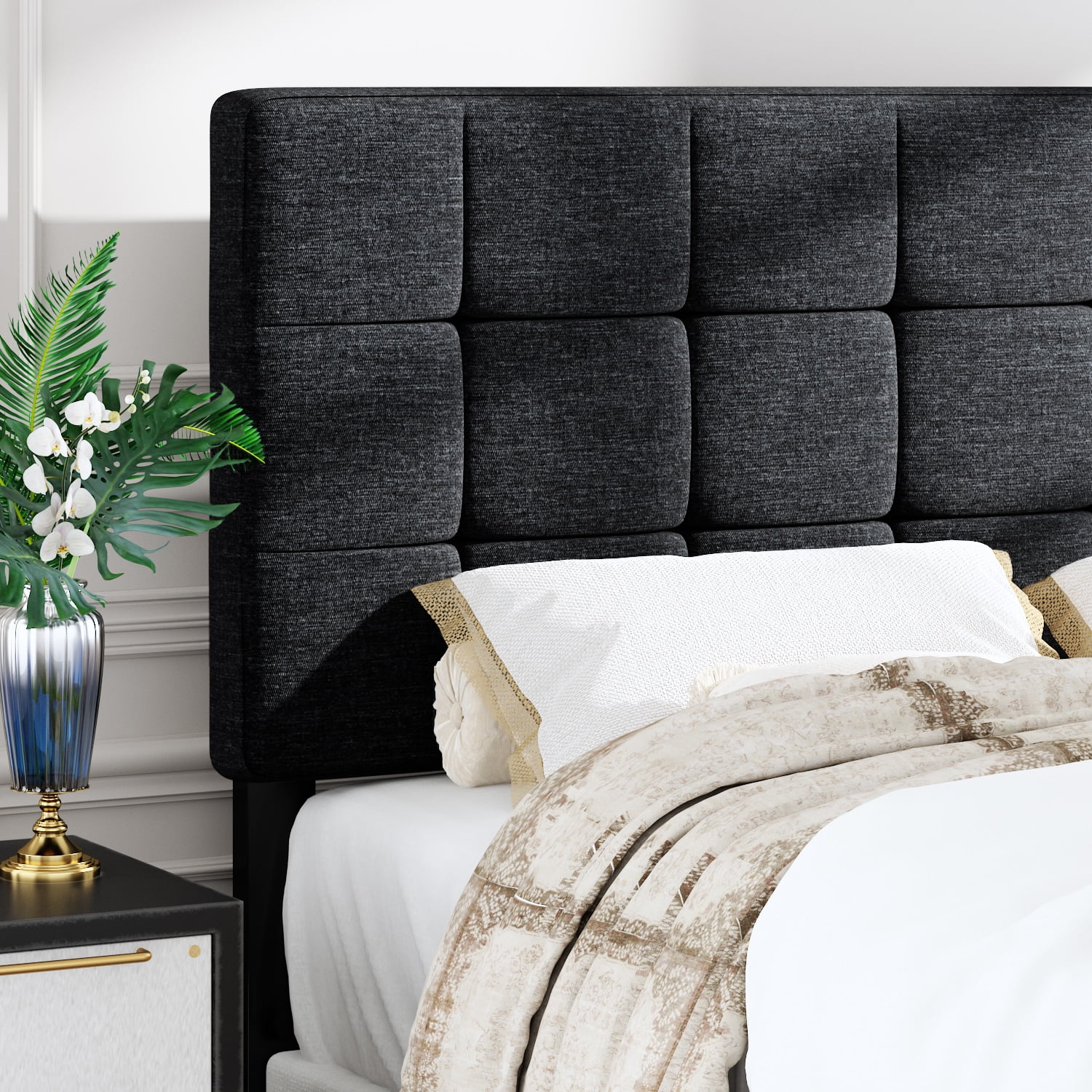 Allewie Queen Size Panel Platform Bed Frame with Adjustable High Upholstered Headboard, Grey