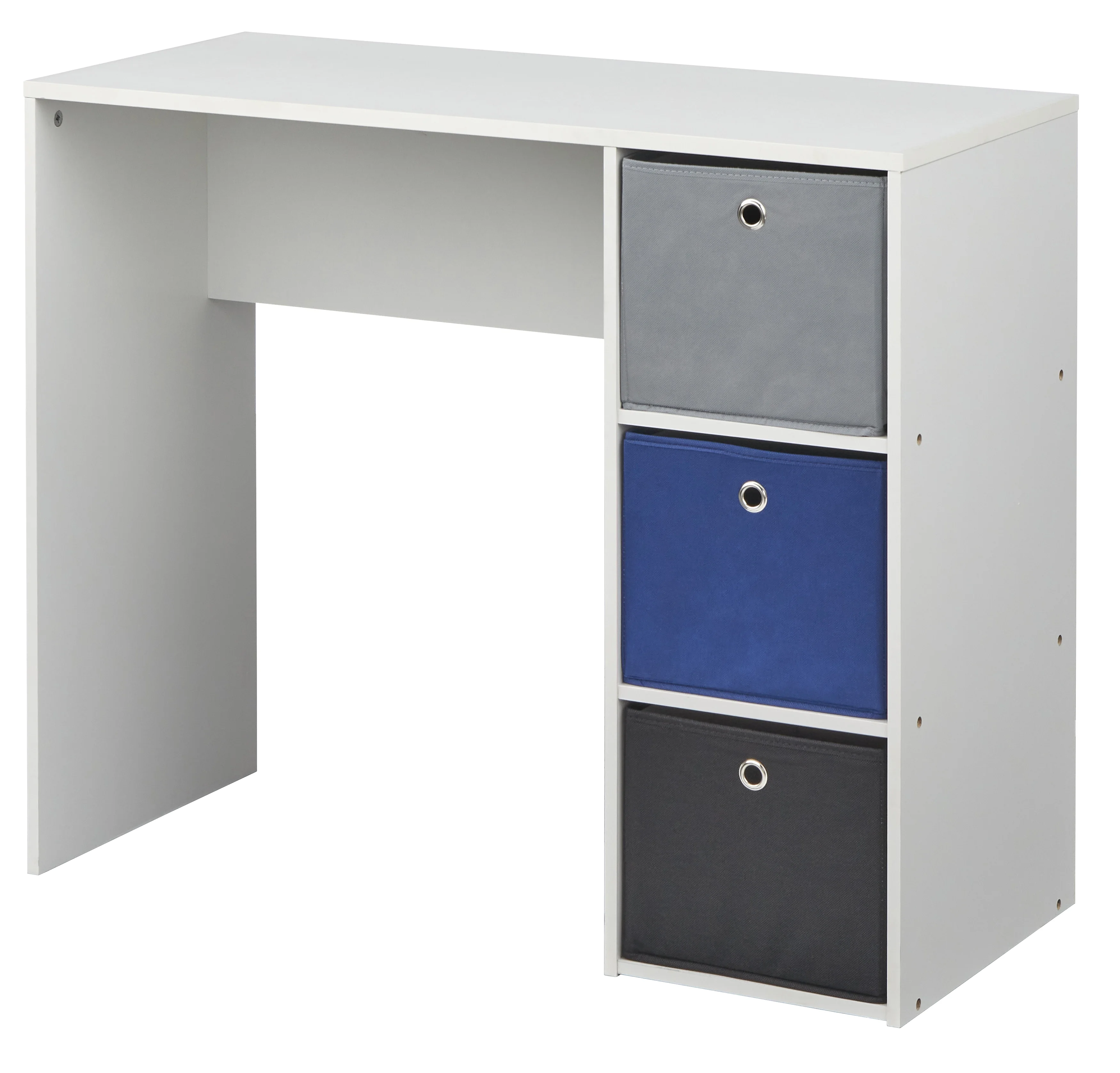 TMS Kids Study Desk with Three Foldable Wood Fabric Storage Bins, White/Blue/Black/Gray