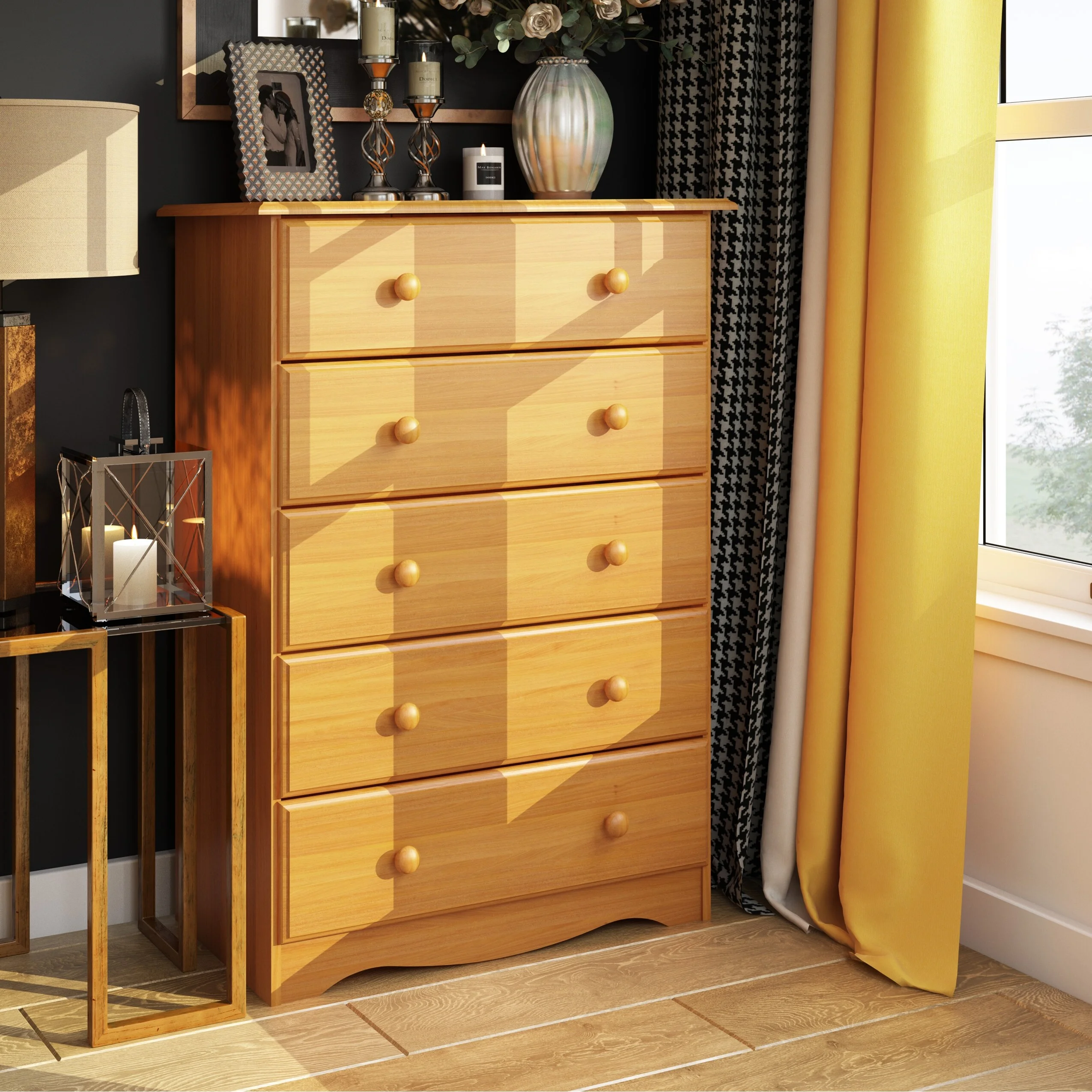 Palace Imports 100% Solid Wood 5-Drawer Chest with Metal or Wooden Knobs Honey Pine Stained Medium Wood