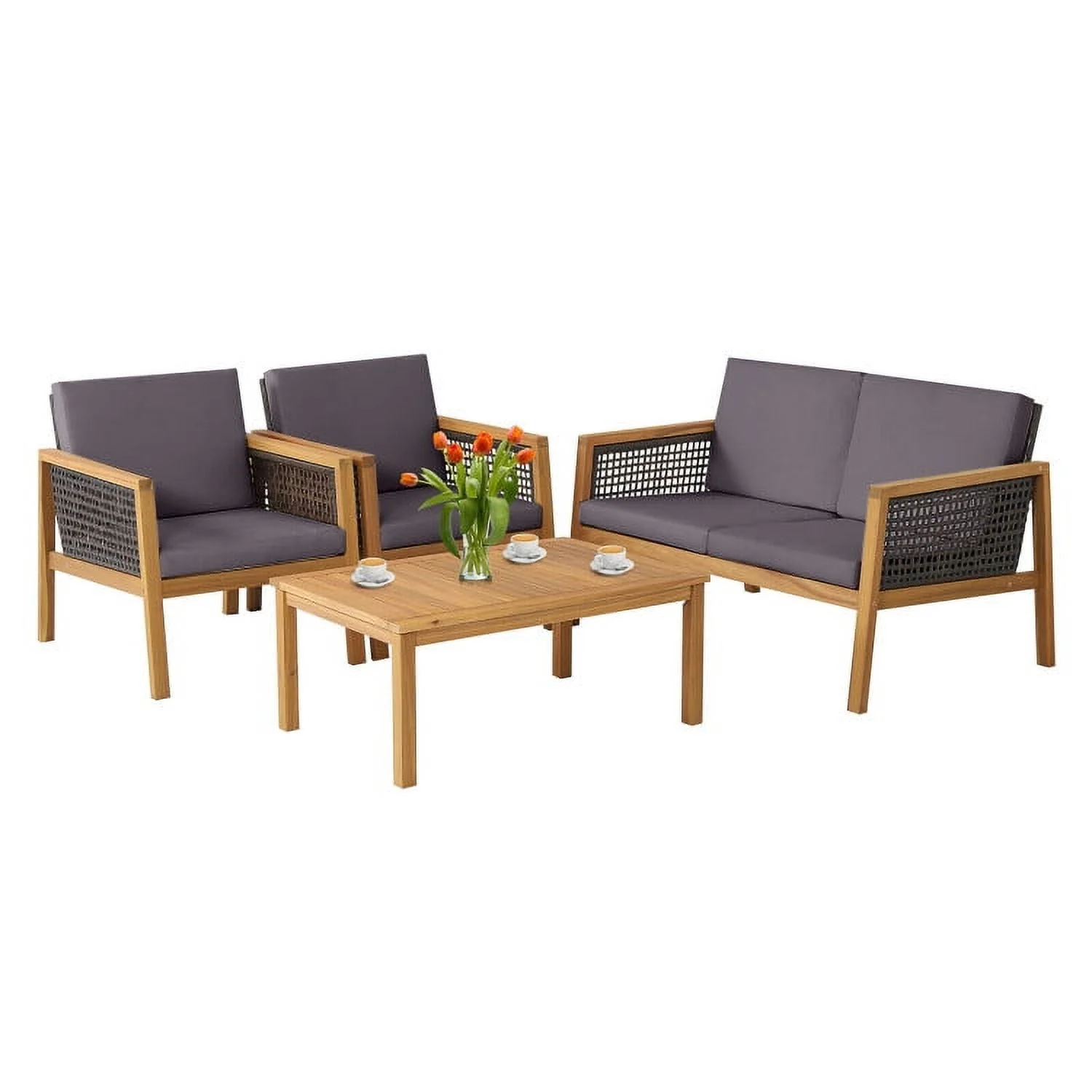 YYAo Outdoor Bistro Conversation Set, Patio Furniture Sets, 4 Pieces Patio Rattan Furniture Set with Removable Cushions-Gray