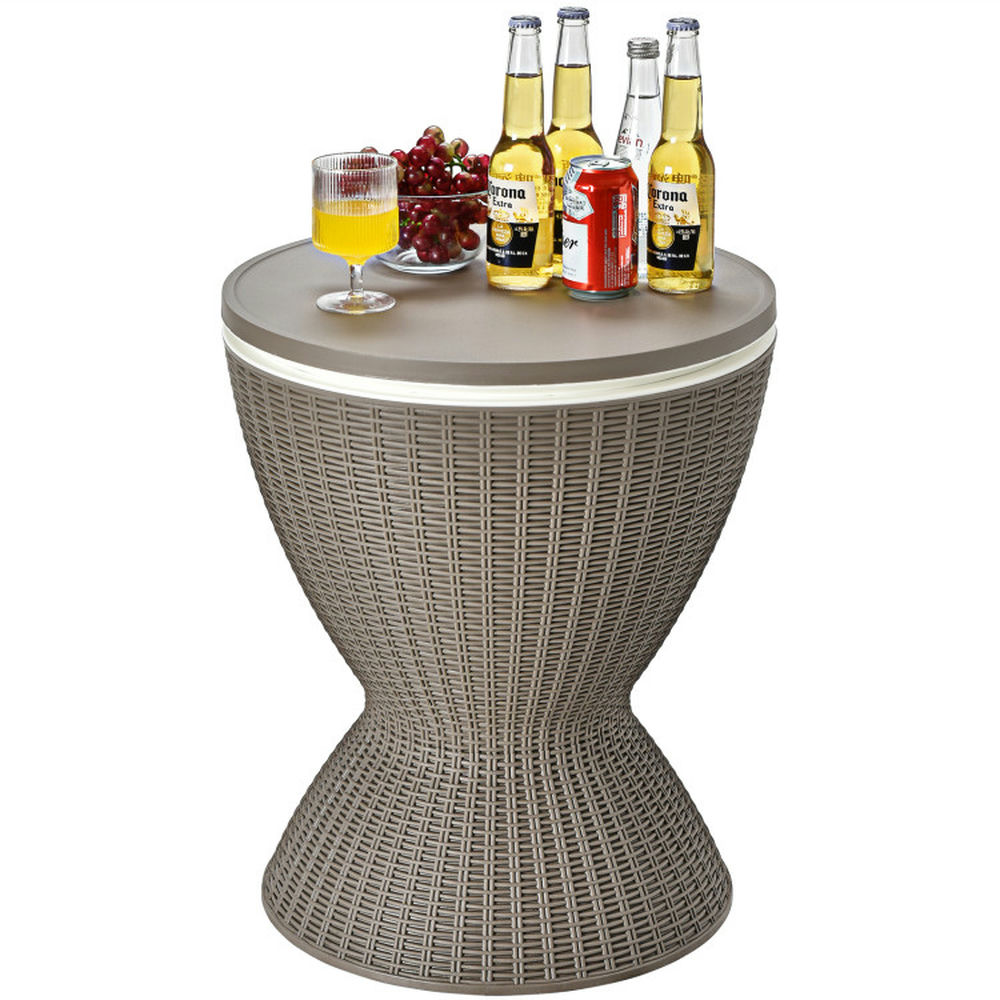 Kepooman 3 in 1 8 Gallon Patio Rattan Cooler Bar Table with Adjust Ice Bucket-Brown