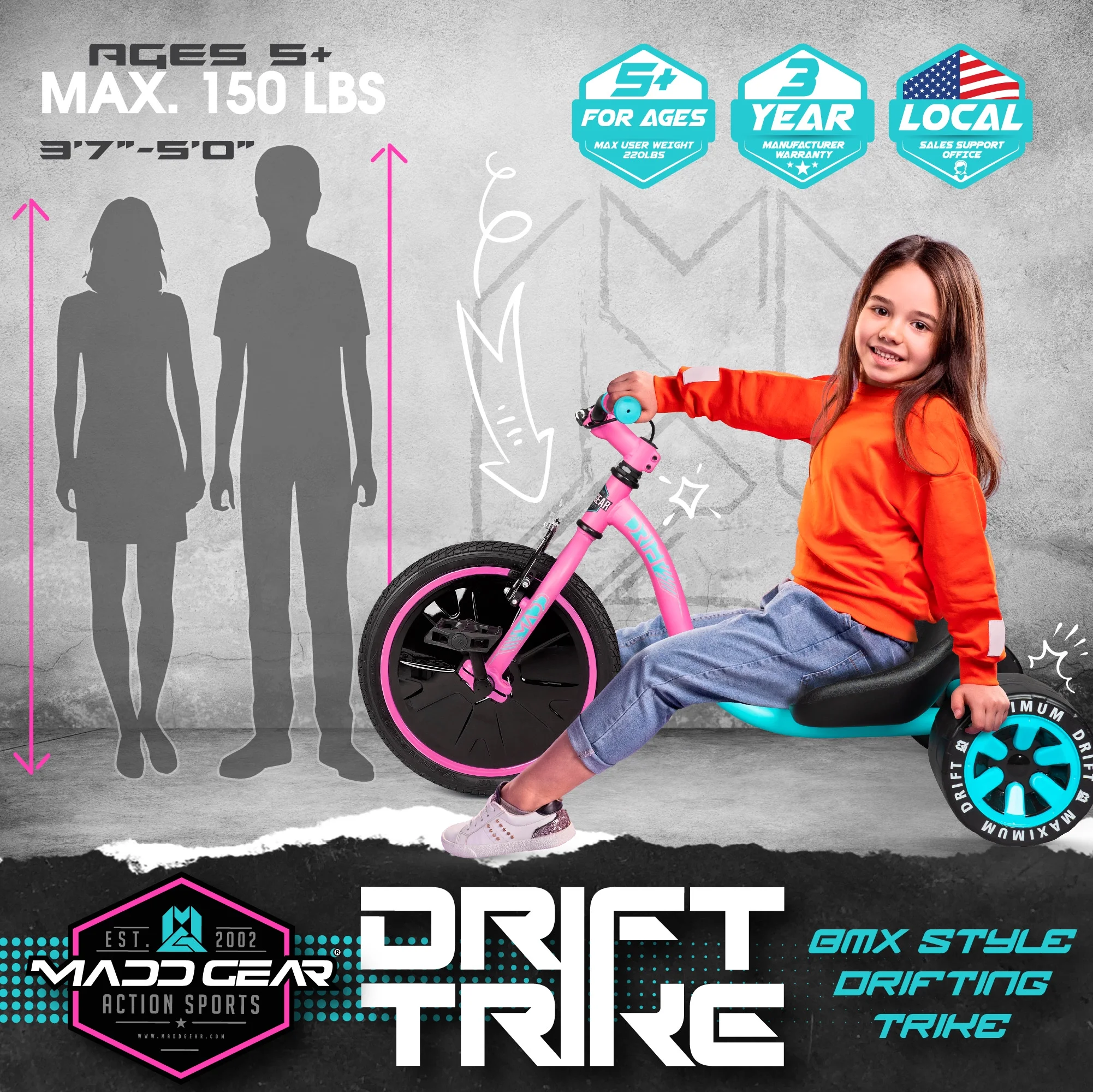 Madd Gear Drift Trike - Strong Steel Frame Tricycle - Adjustable Seat Black Green Machine for 5 Yrs + Pink