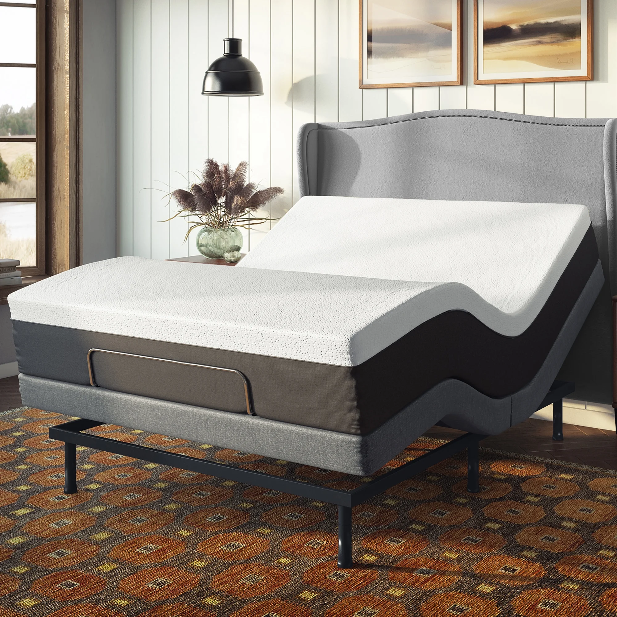 Posture Plus PX800 Queen Upholstered Powered Adjustable Bed Base, Dual Massage, USBs, Two Leg Height Options, and Wireless Remote, Ergonomic Bed