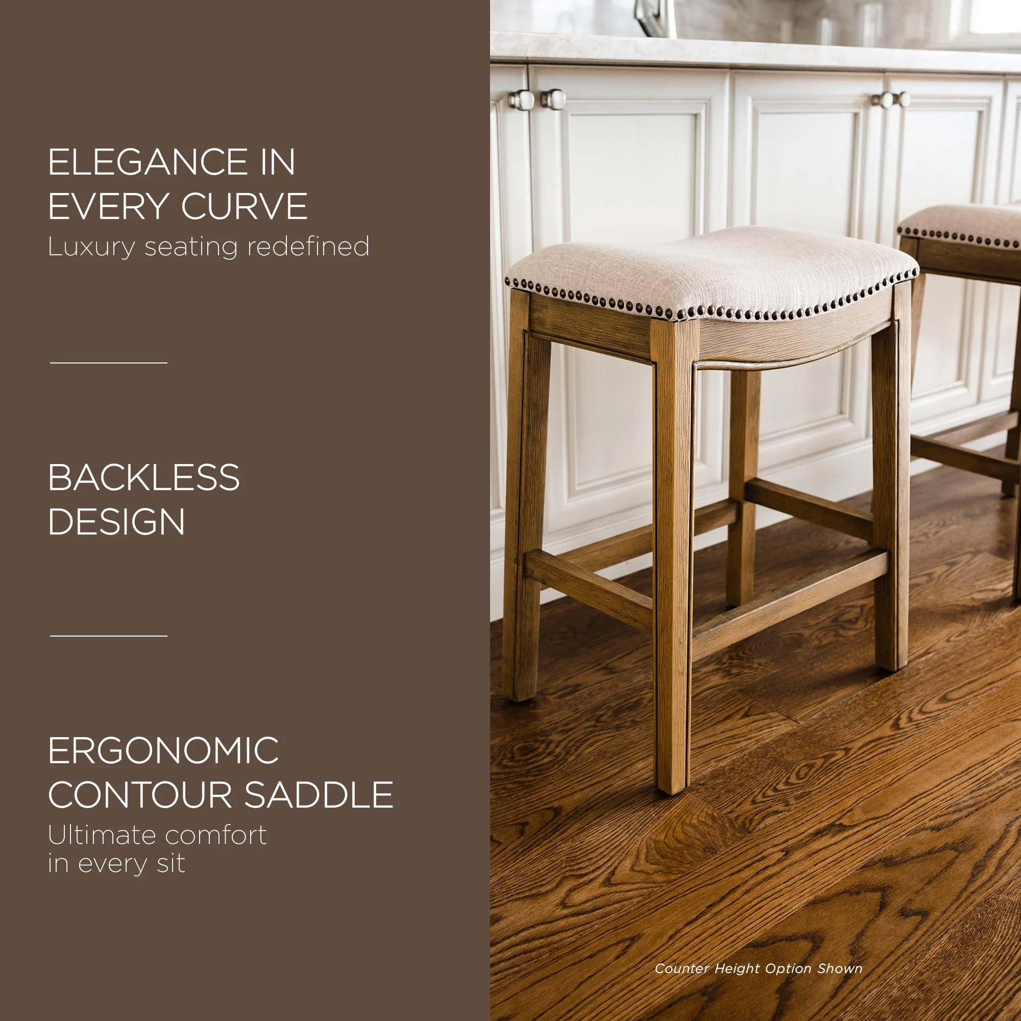 Maven Lane Adrien Saddle Barstool in Natural Wood Finish w/ Wheat Cream Fabric Upholstery