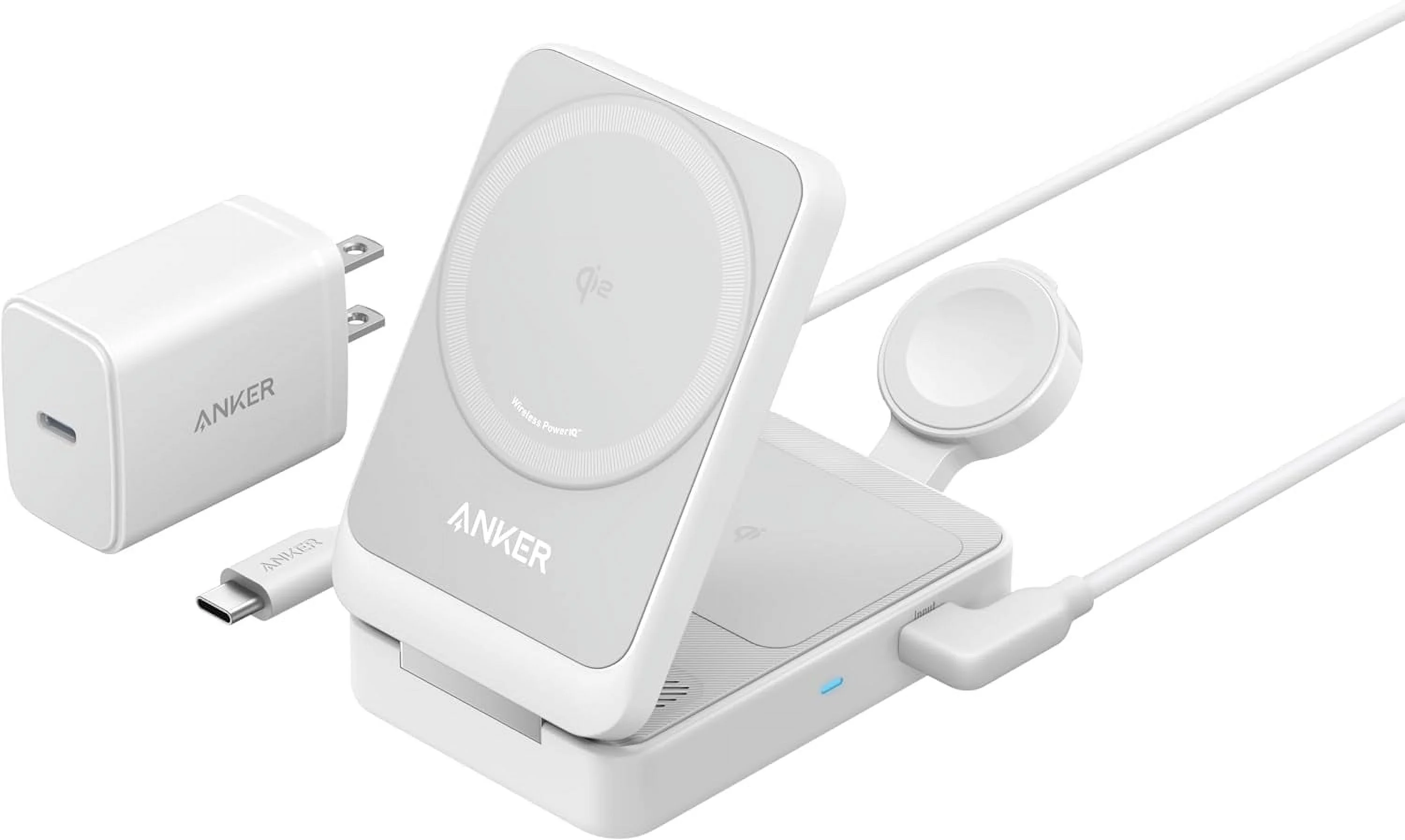 Anker MagGo 3-in-1 Charging Station, Qi2 Certified 15W MagSafe-Compatible Wireless Charger Stand White(40W USB-C Charger Included)