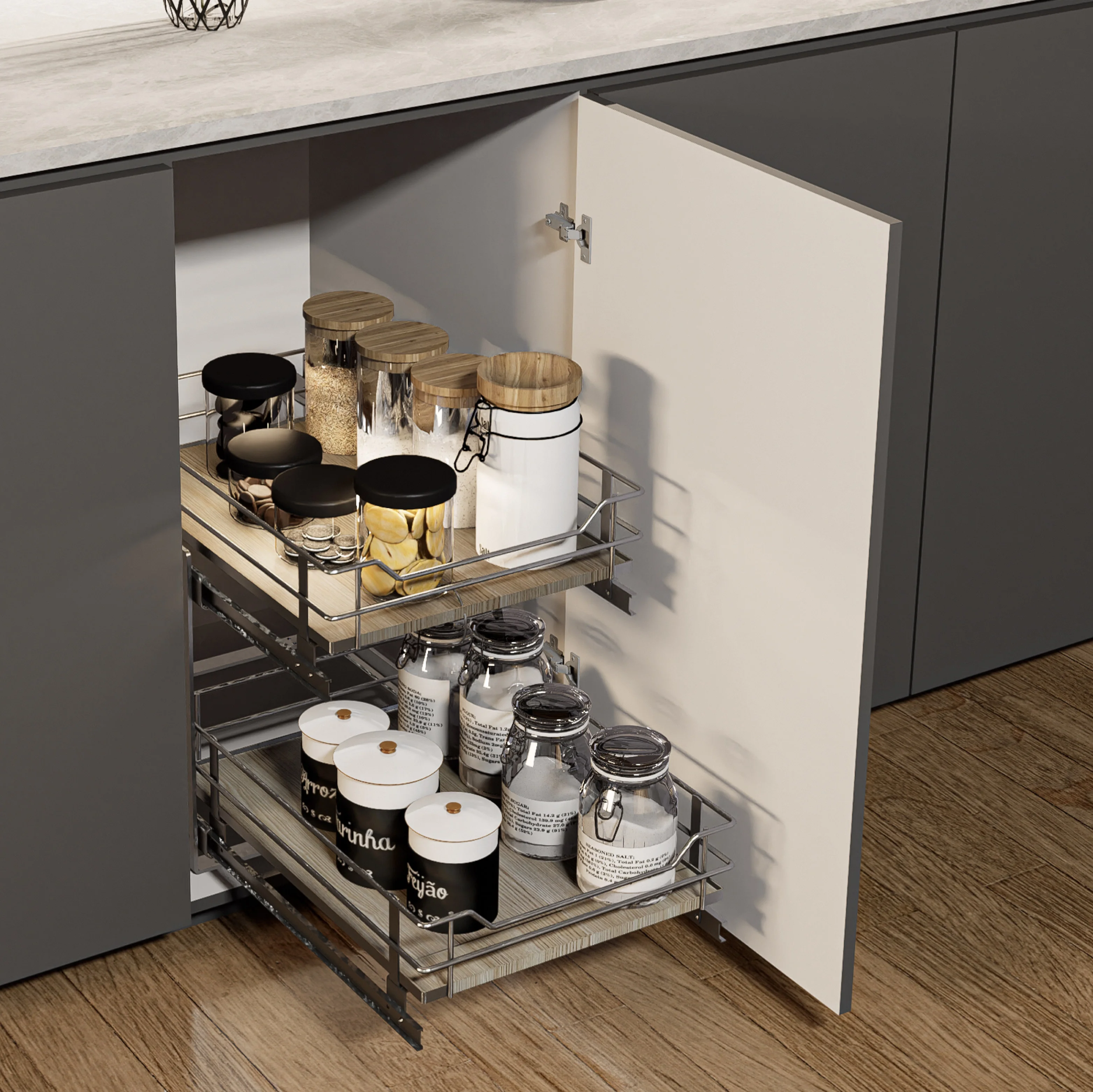 Home Zone Living 15” Width x 20” Depth 2 Shelves Pull Out Cabinet Organizer, Silver
