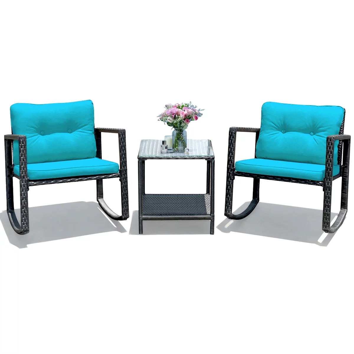 Costway 3PCS Patio Rattan Furniture Set Rocking Chairs Cushioned Conversation Set Blue