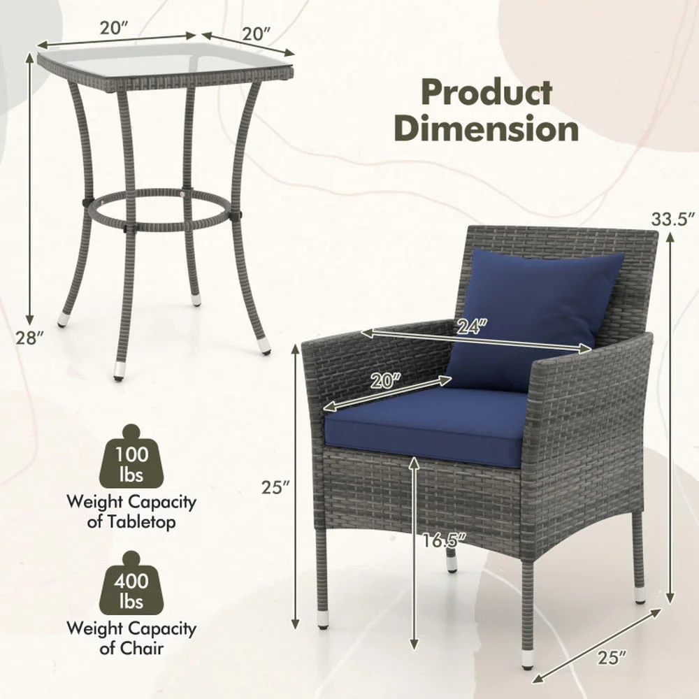 Kepooman Patio Bistro Set, Outdoor Furniture Sets,3 Pieces Patio Furniture Set with Cushioned Patio Chairs and Tempered Glass Coffee Table-Navy