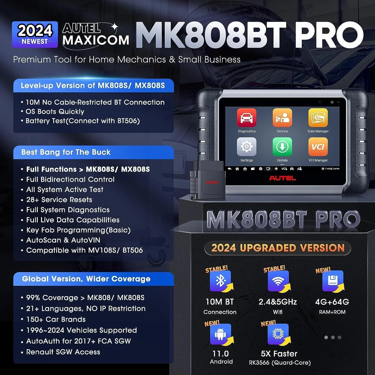 Autel MaxiCOM MK808BT PRO Gift SmartWacth, 3000+ Bidirectional Diagnostic Tool, Bi-Directional Active Test 2024 Upgrade of MK808S MX808S