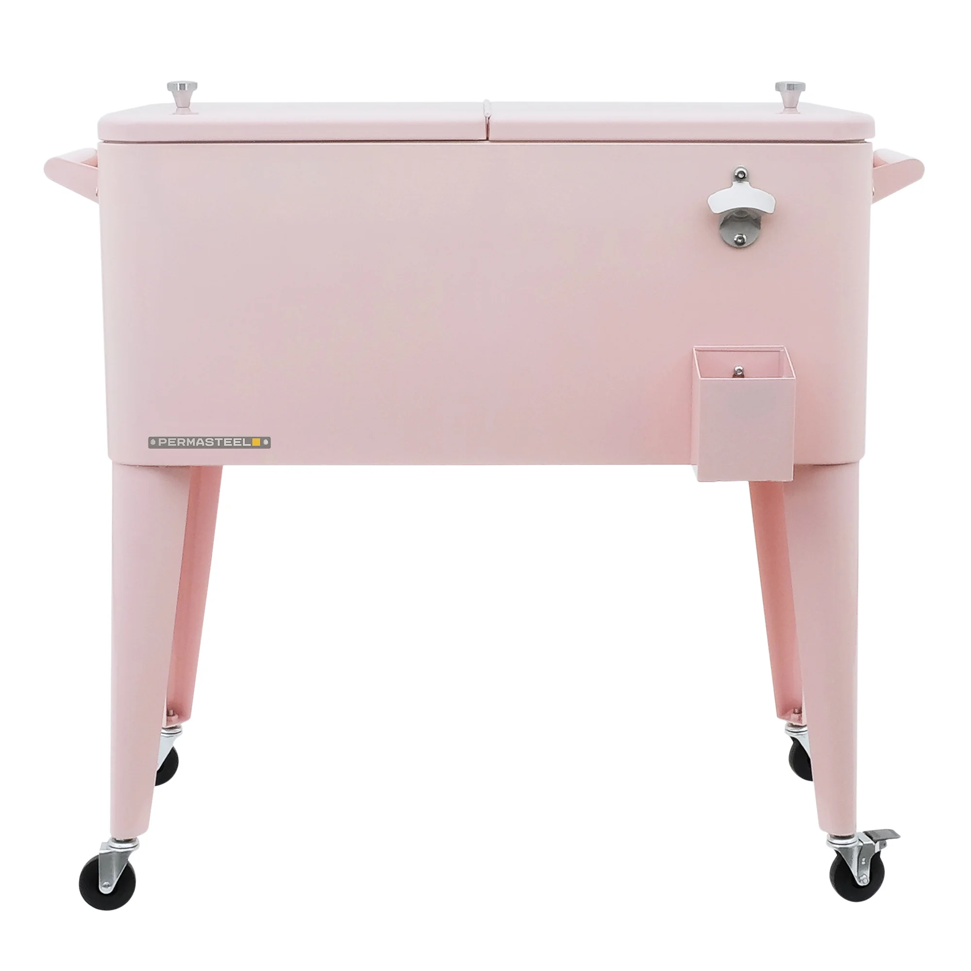 Permasteel 80-Qt Classic Outdoor Steel Patio Cooler on Wheels, Beverage Rolling Cart, Pink