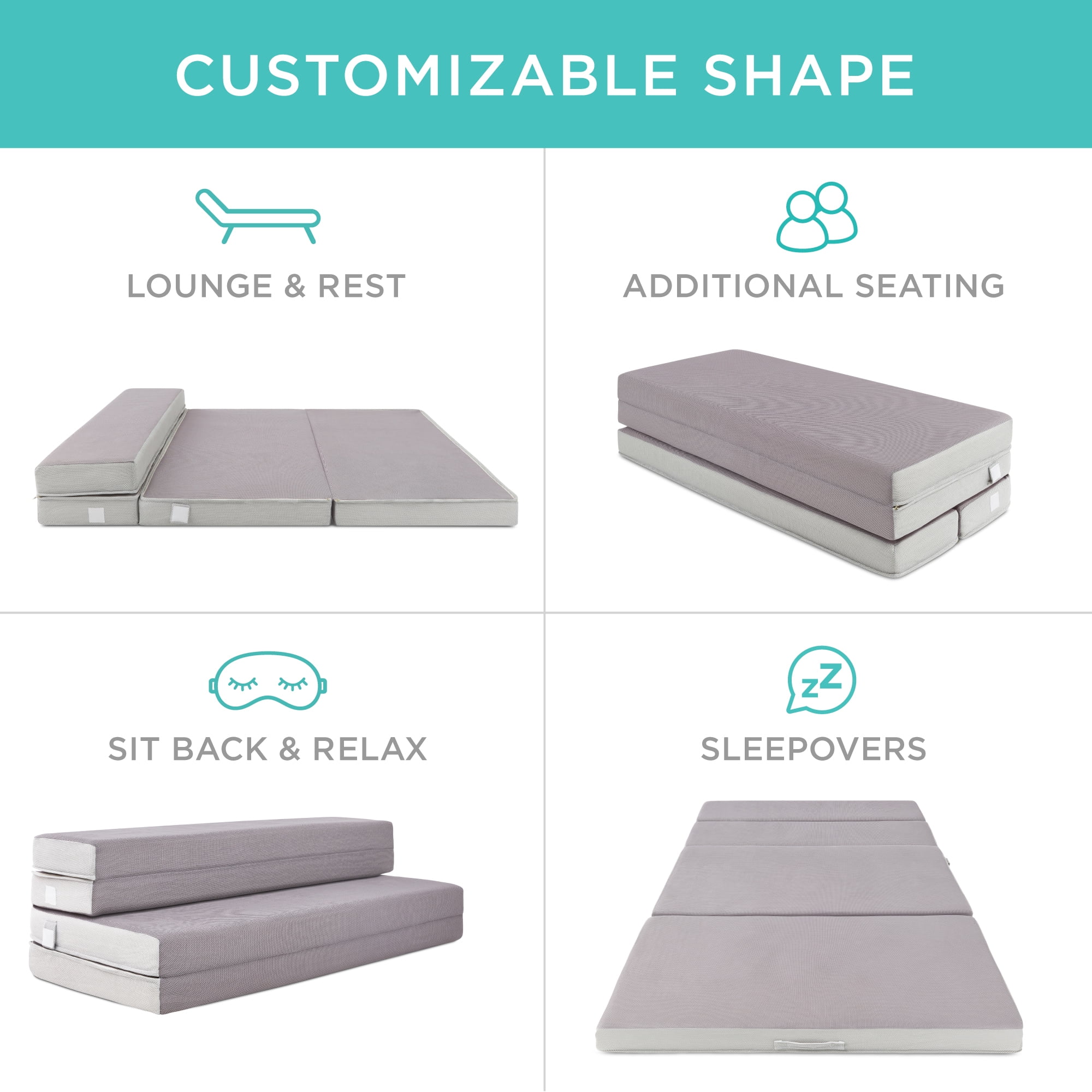 Best Choice Products 4in Thick Folding Portable Full Mattress Topper w/ Carry Case, Washable Cover - Gray