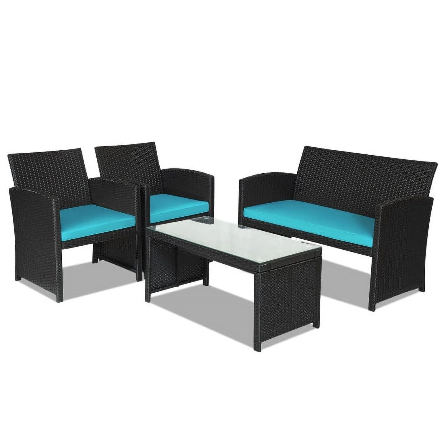 Yardi Yard 4 Pieces Patio Rattan Furniture Set, Outdoor Patio Furniture with Weather Resistant Cushions and Tempered Glass Tabletop-Turquoise