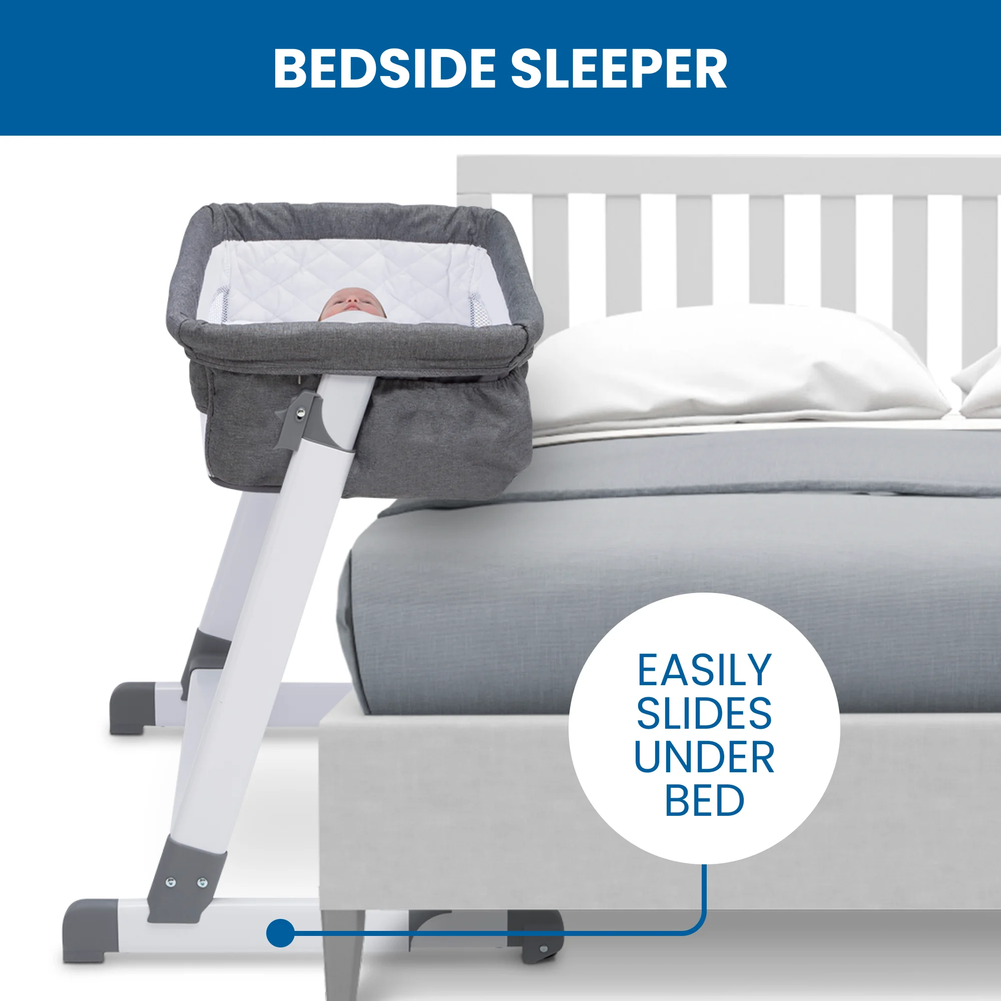 Simmons Kids By The Bed City Sleeper Bassinet - Adjustable Height Portable Crib with Wheels & Airflow Mesh, Grey Tweed