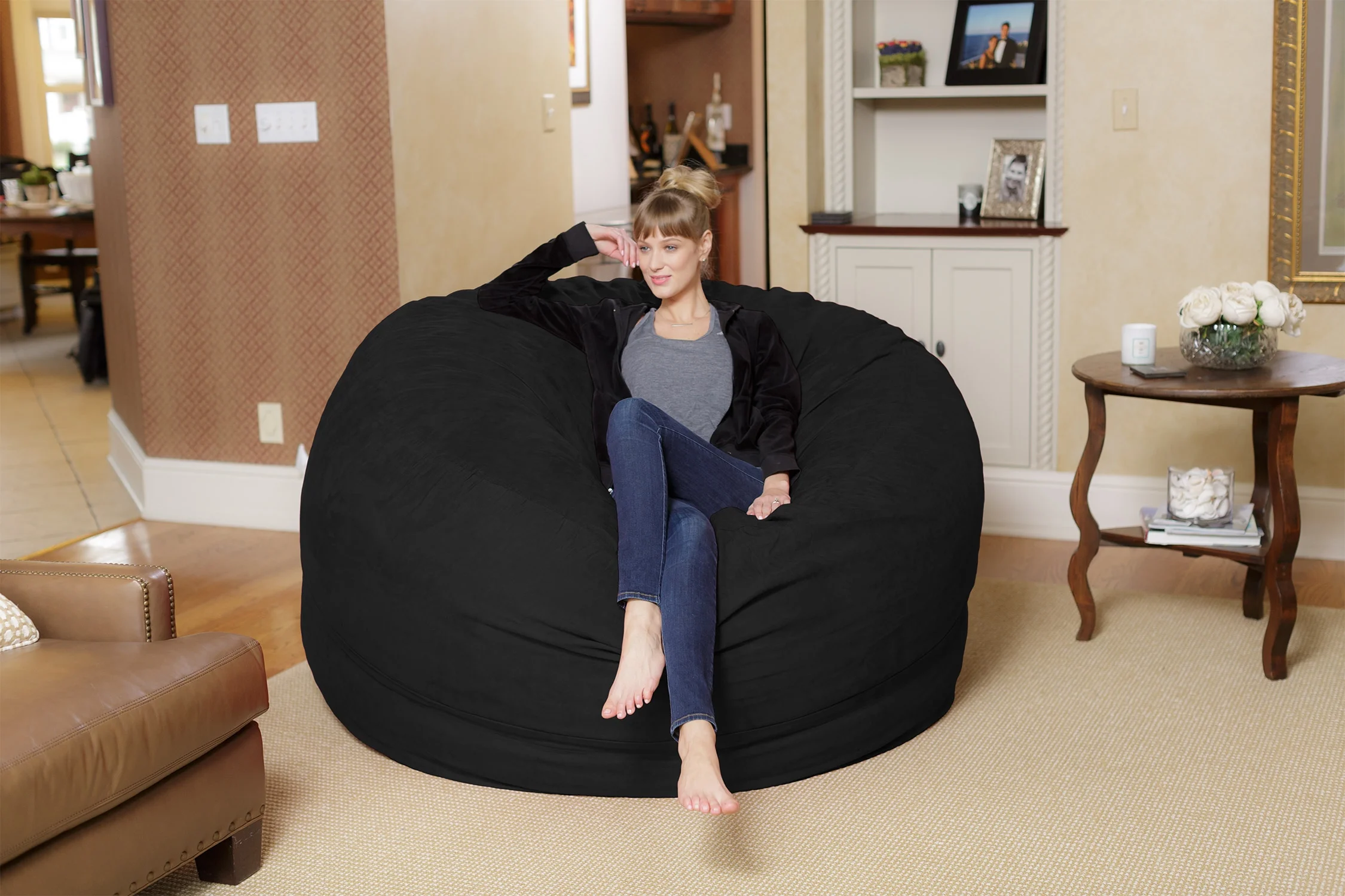 Chill Sack Bean Bag Chair, Memory Foam with Microsuede Cover, Kids, Adults, 6 ft, Black