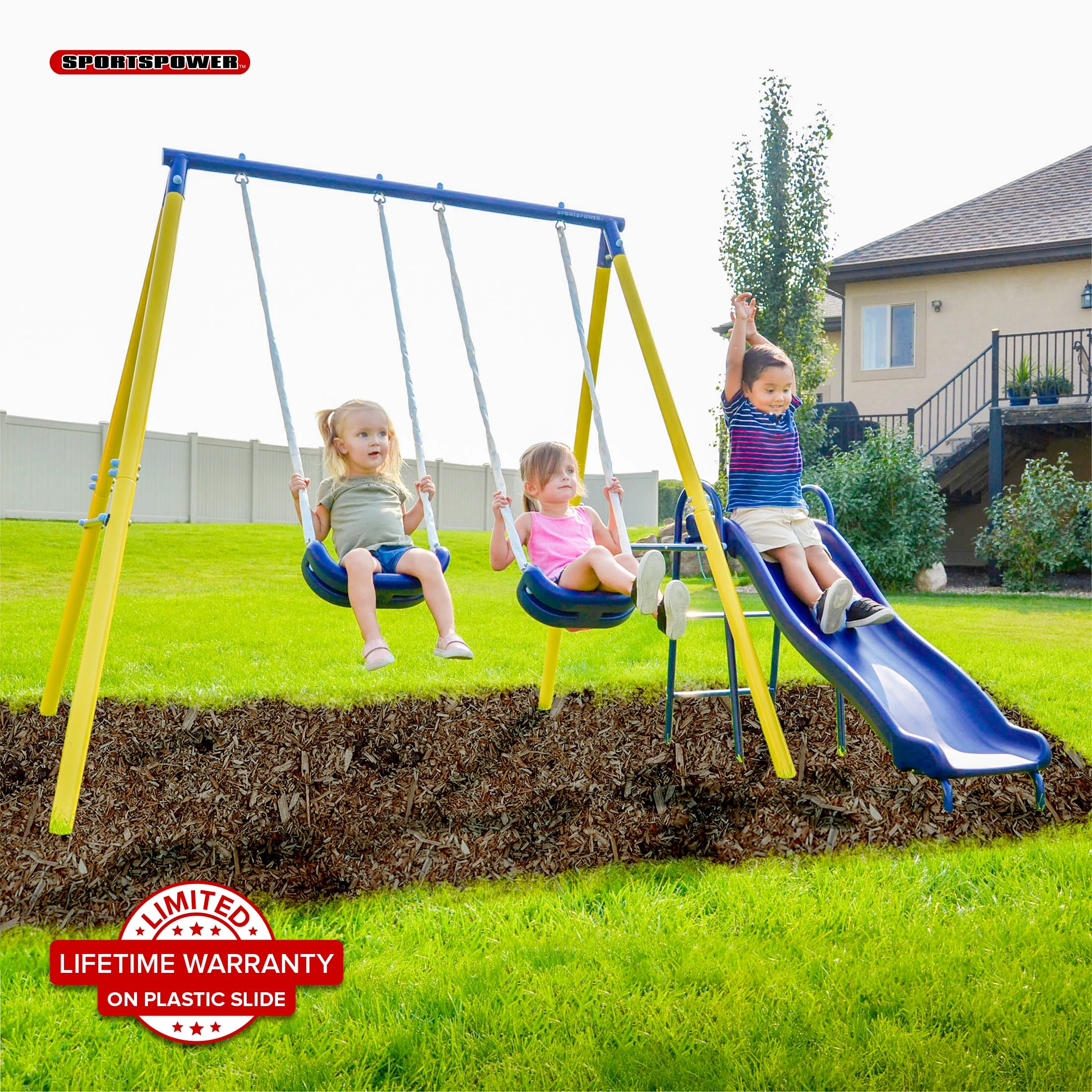 Sportspower Power Play Time Metal Swing Set with 2 Swings and Lifetime Warranty on Blow Molded Slide