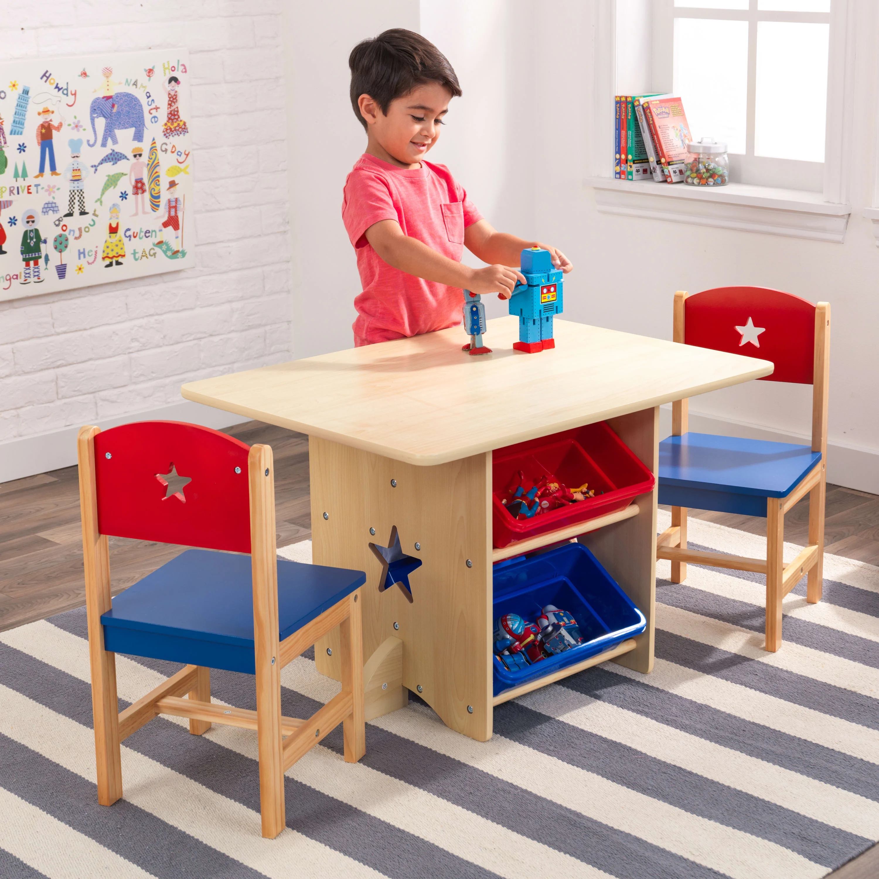 KidKraft Wooden Star Table & Chair Set with 4 Bins, Red, Blue & Natural, Ages 3+ Years