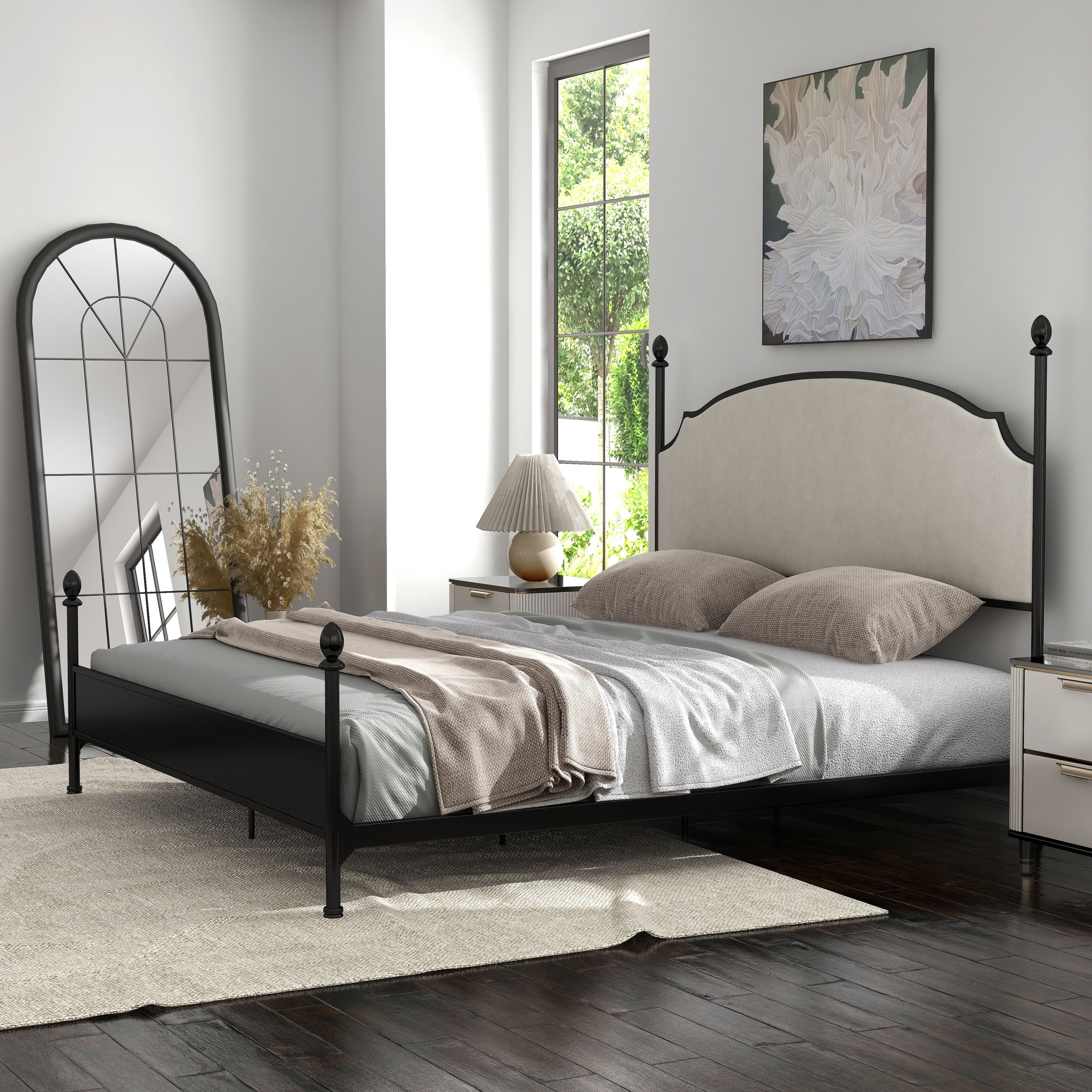 The Gray Barn Epona Modern Curved Metal Four Poster Bed Four Poster Bed Beige Boucle Modern & Contemporary, Mid-Century Modern