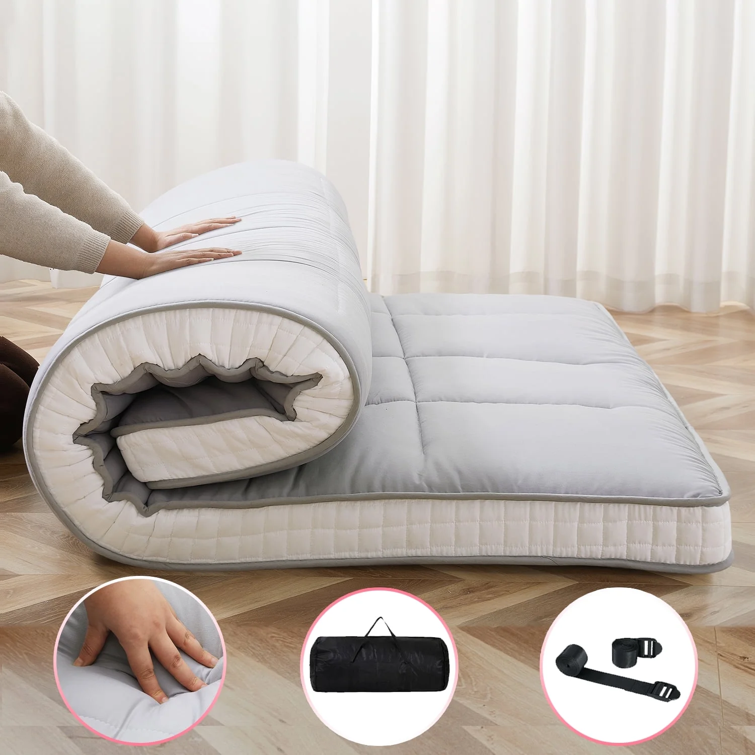 NAIZEA Japanese Floor Mattress, Extra Thick Memory Foam Futon Mattress, Foldable Roll Up Sleeping Pad with Bandage and Storage Bag, Full, Gray