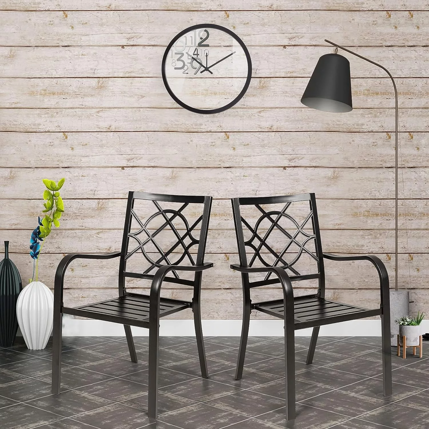 SUNCROWN 4 Pieces Wrought Iron Chairs Outdoor Dining Chairs Patio Metal Stack Chair for Backyard Garden