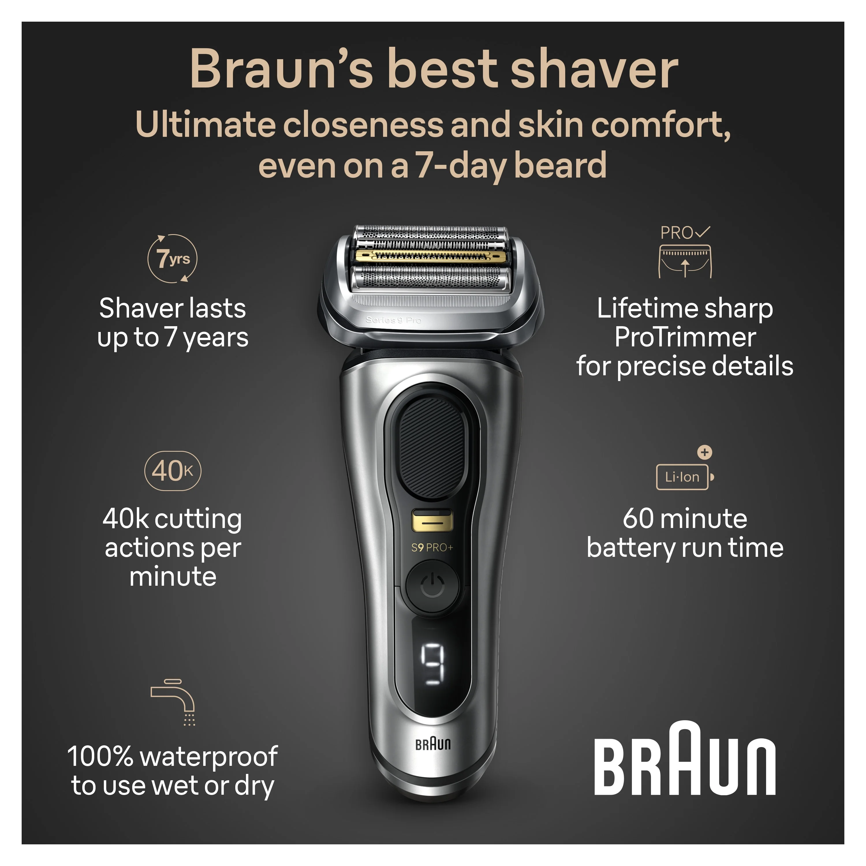 Braun Series 9 PRO+ Wet & Dry Electric Shaver, Charging Stand, 9517s Galvano Silver