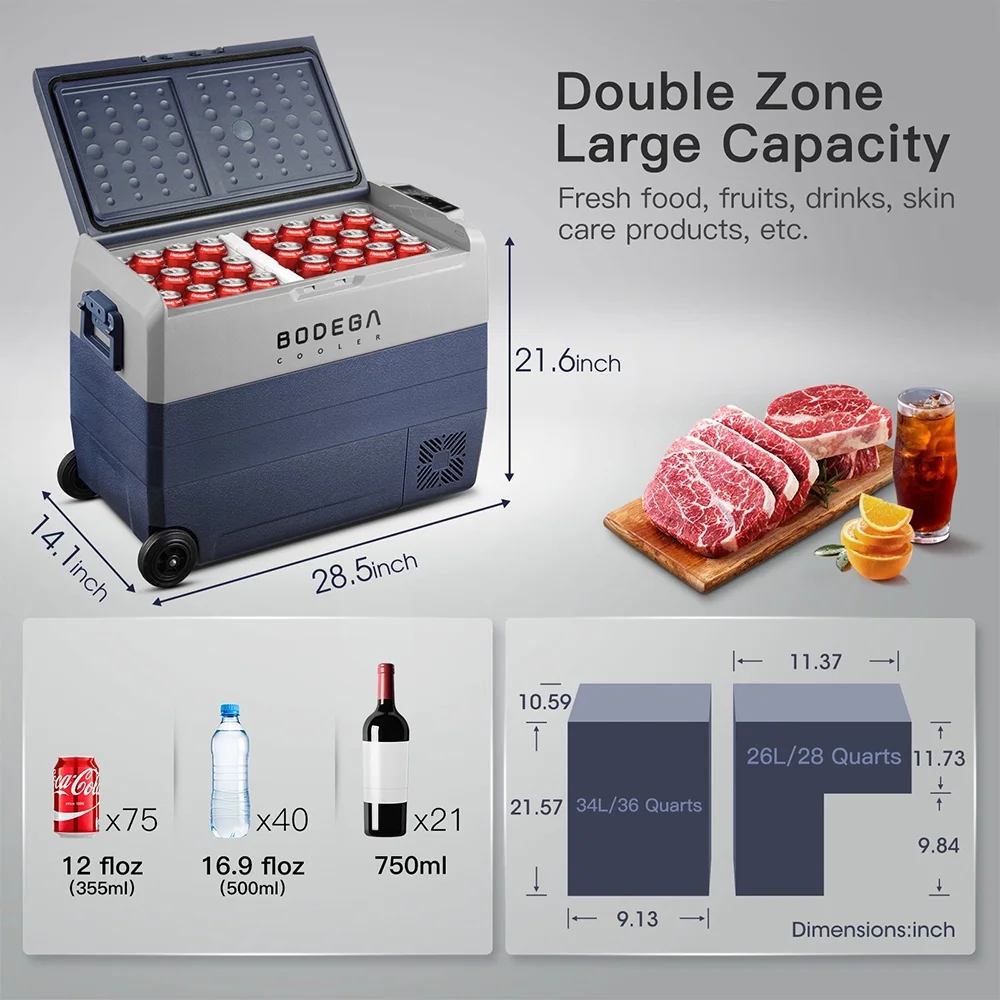 Bodega 12 Volt 64 Quart Car Refrigerator Portable Freezer for Camping Outdoor APP Control Blue