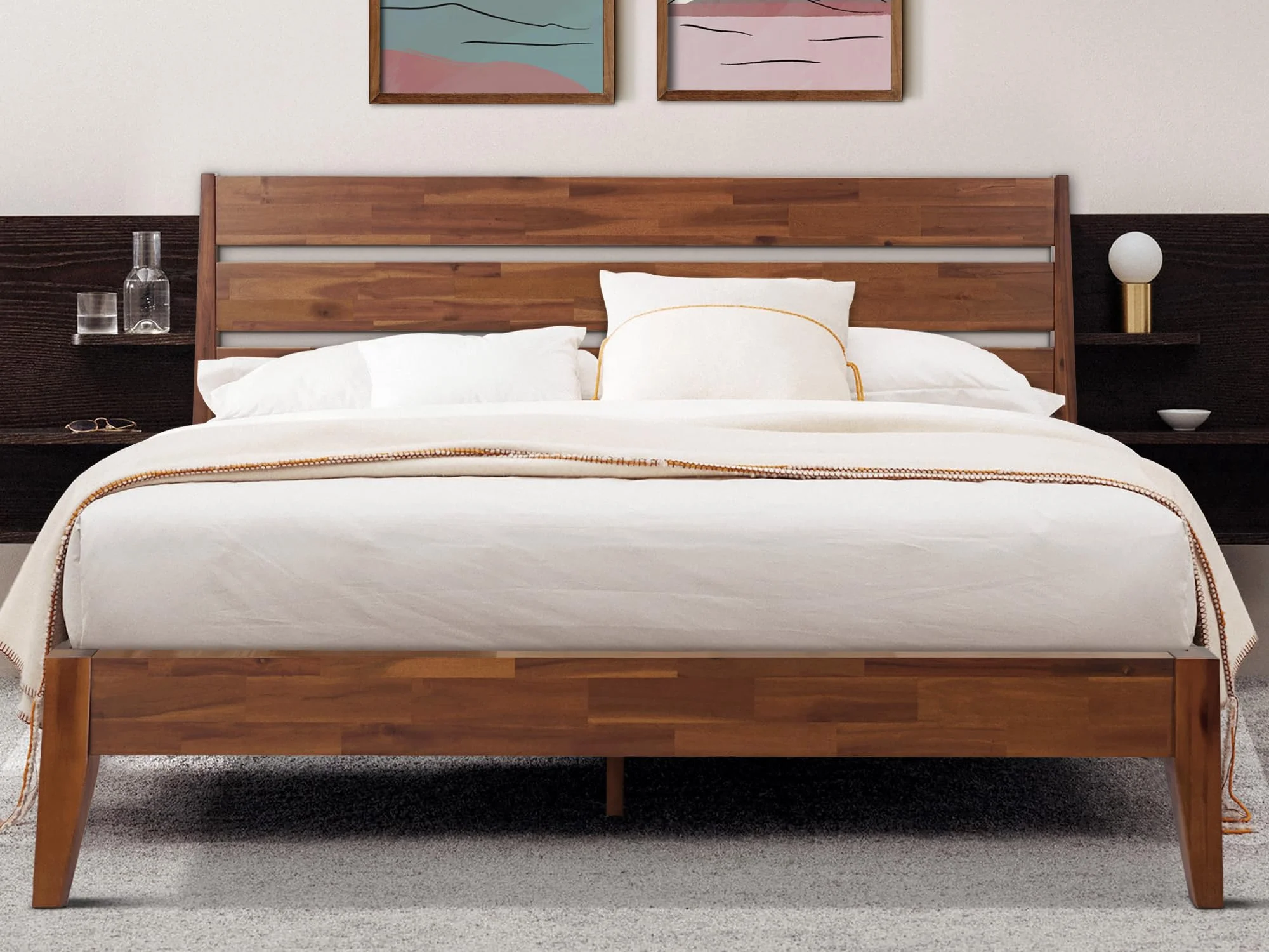 Acacia Emery Solid Wood Bed Frame with Headboard, Signature Headboard Wood Bed, Queen - Walnut