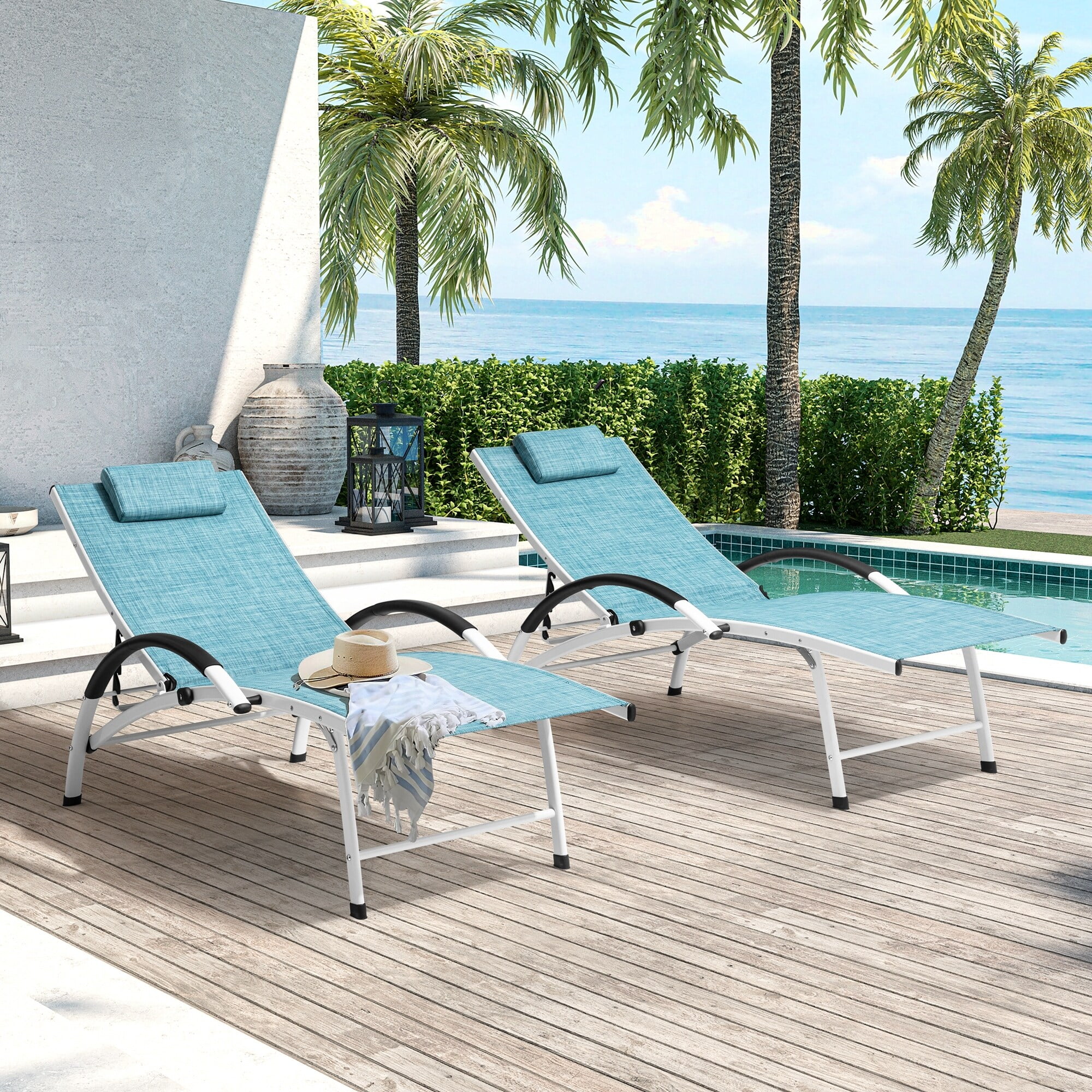 Crestlive Products Outdoor Adjustable Reclining Aluminum Chaise Lounge Chairs (Set of 2) Blue