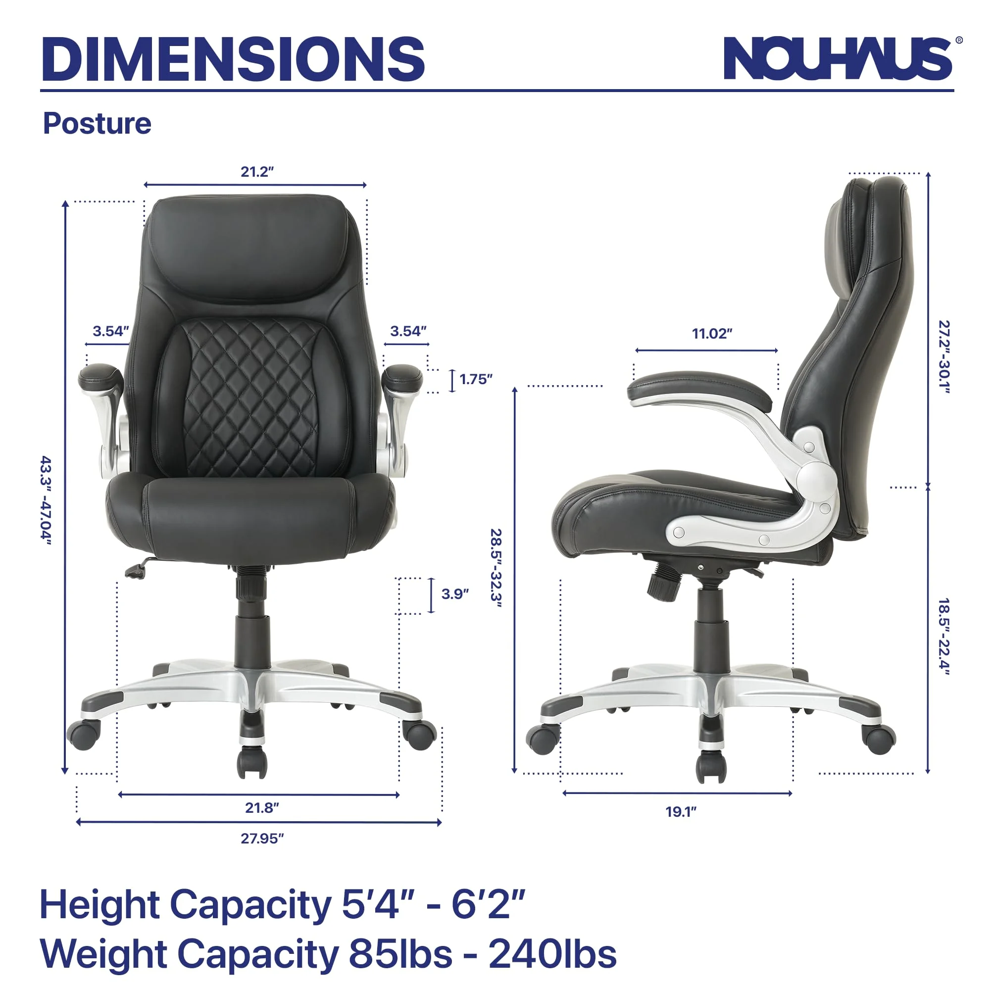 Nouhaus Posture Ergonomic PU Leather Office Chair. Click5 Lumbar Support with FlipAdjust Armrests. Modern Executive Chair and Computer Desk Chair