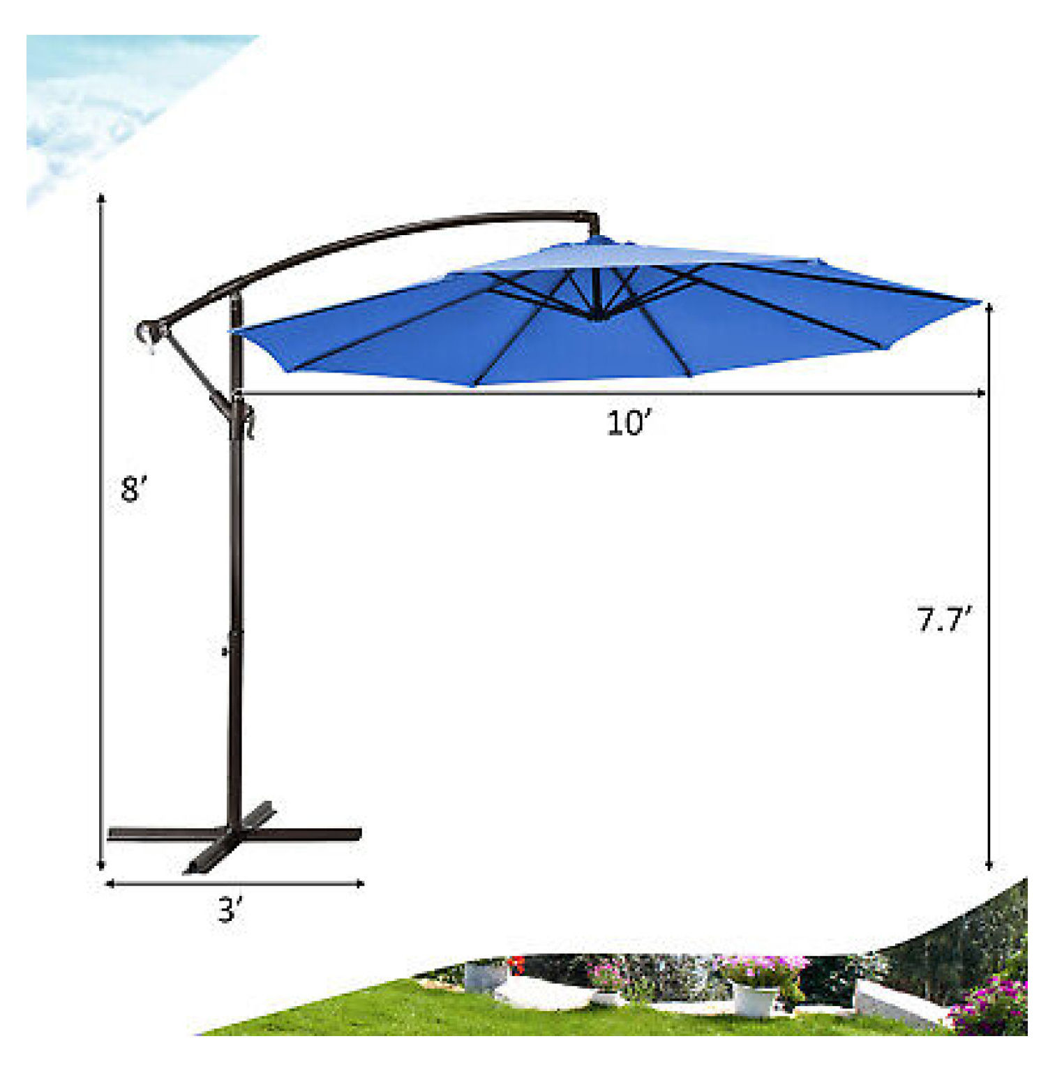 FENG20 10FT Patio Offset Hanging Umbrella Easy Tilt Adjustment 8 Ribs Backyard Blue
