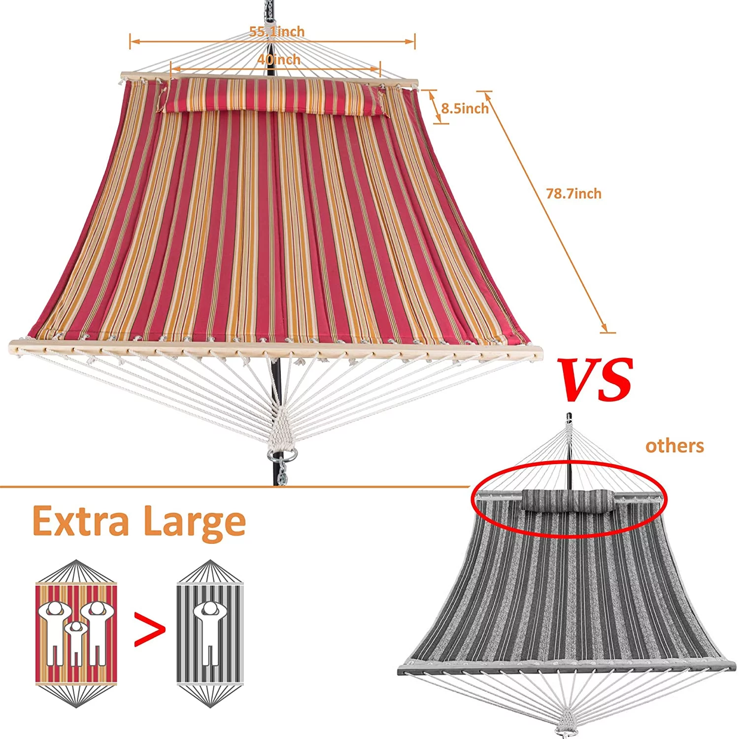 SUNCREAT Outdoor Hammock with 12ft Steel Stand, 146” (L) x 55.1” (W) x 44.1” (H), Red Stripes