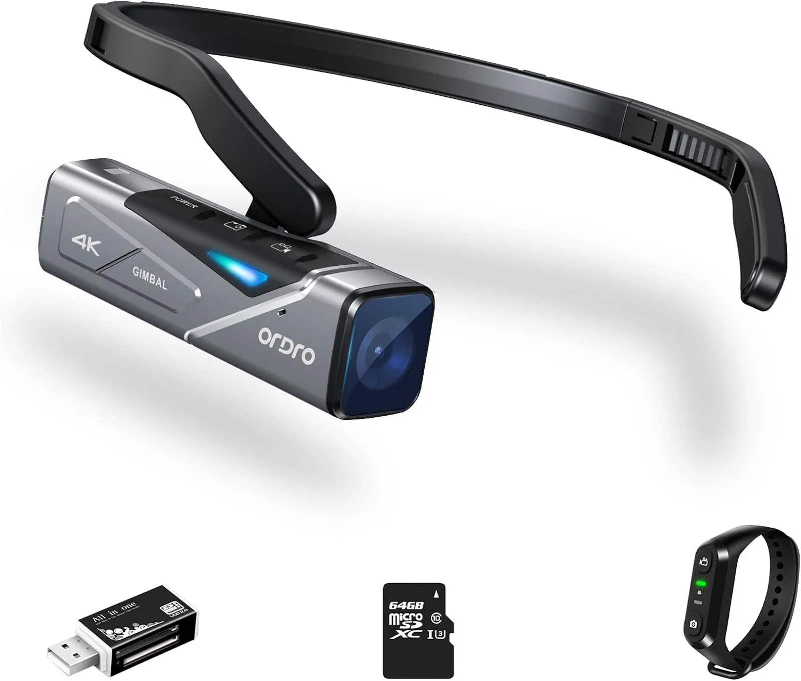 ORDRO EP7 Head-Mounted Video Camera 4K 60FPS Wearable Camcorder Wi-Fi APP Control 2-Axis Gimbal Stabilizer with 64GB Micro SD Card,Black