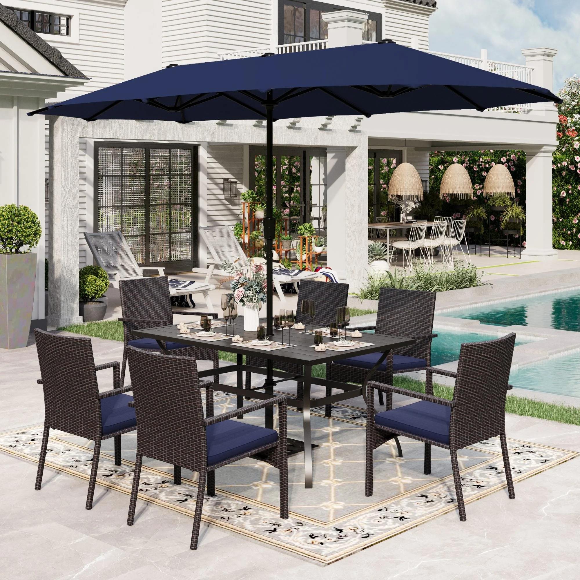 Sophia & William 8 Pieces Outdoor Patio Dining Set with Cushioned Rattan Chairs, Metal Table & 13 ft Navy Umbrella for 6