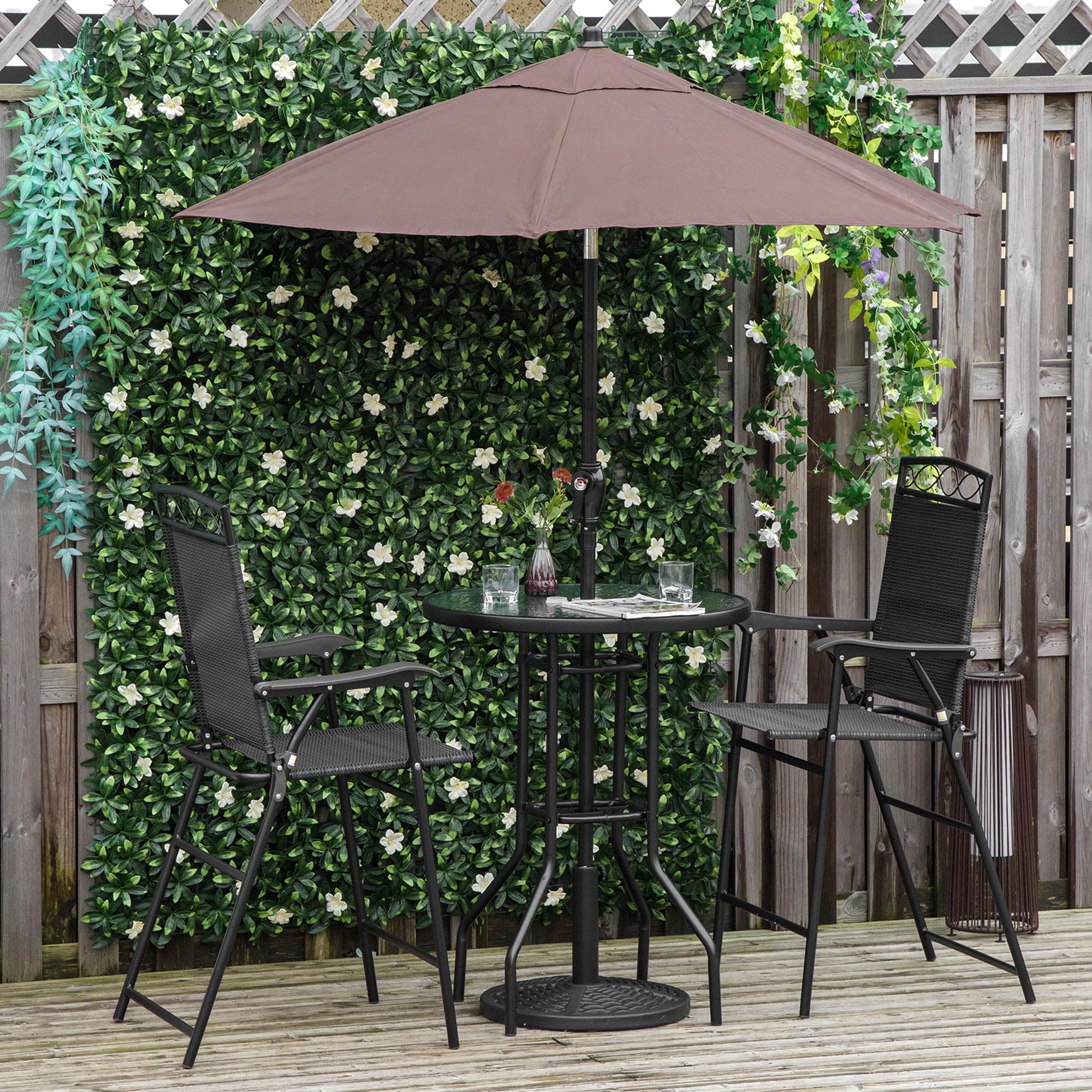 Outsunny 4 Piece Outdoor Patio Dining Furniture Set, 2 Folding Chairs, Adjustable Angle Umbrella, Wave Textured Tempered Glass Dinner Table, Black