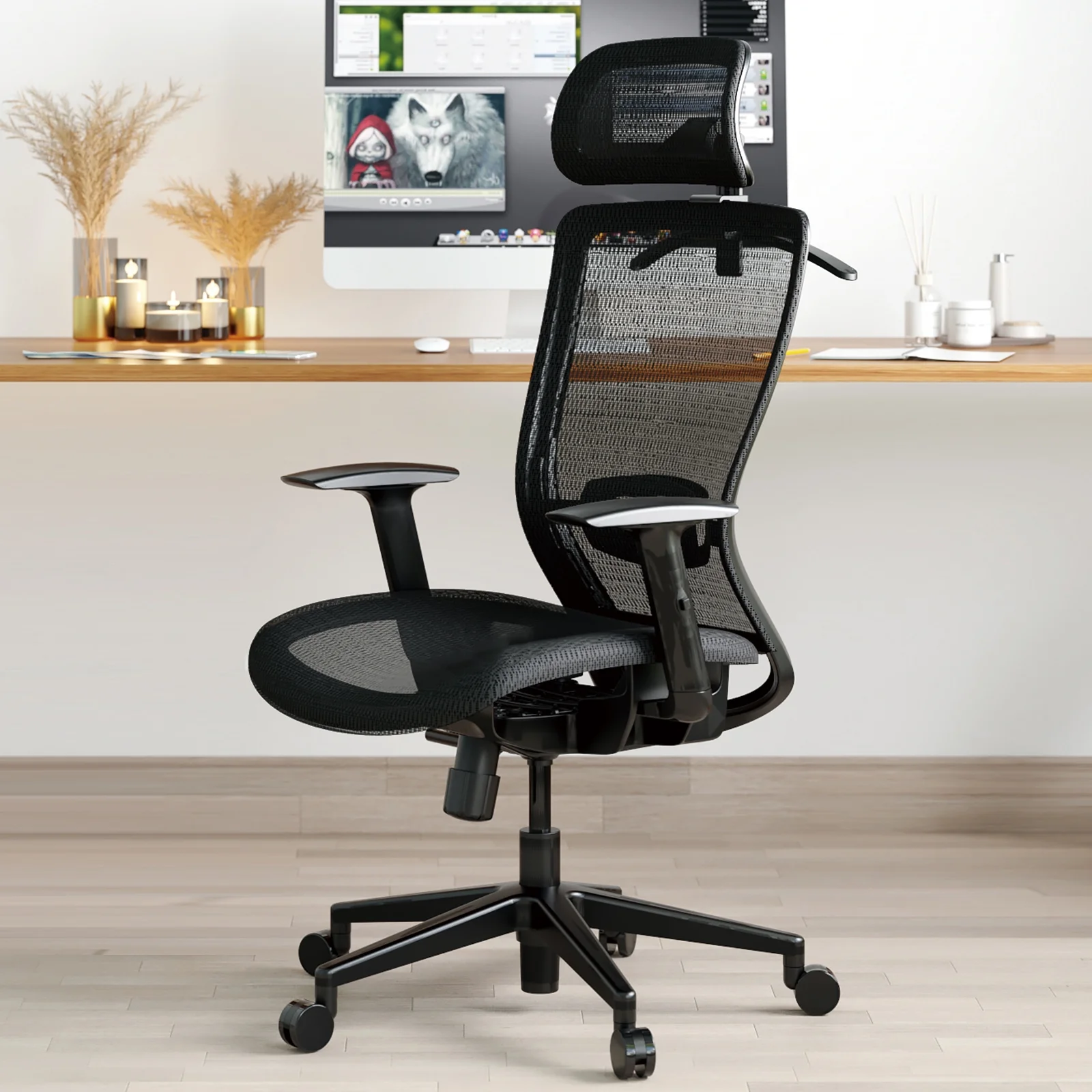 FlexiSpot Ergonomic Mesh Office Chair with Lumbar Support, Mesh Seat Breathable, Computer Desk, 3D Headrest, 2D Armrest, Black